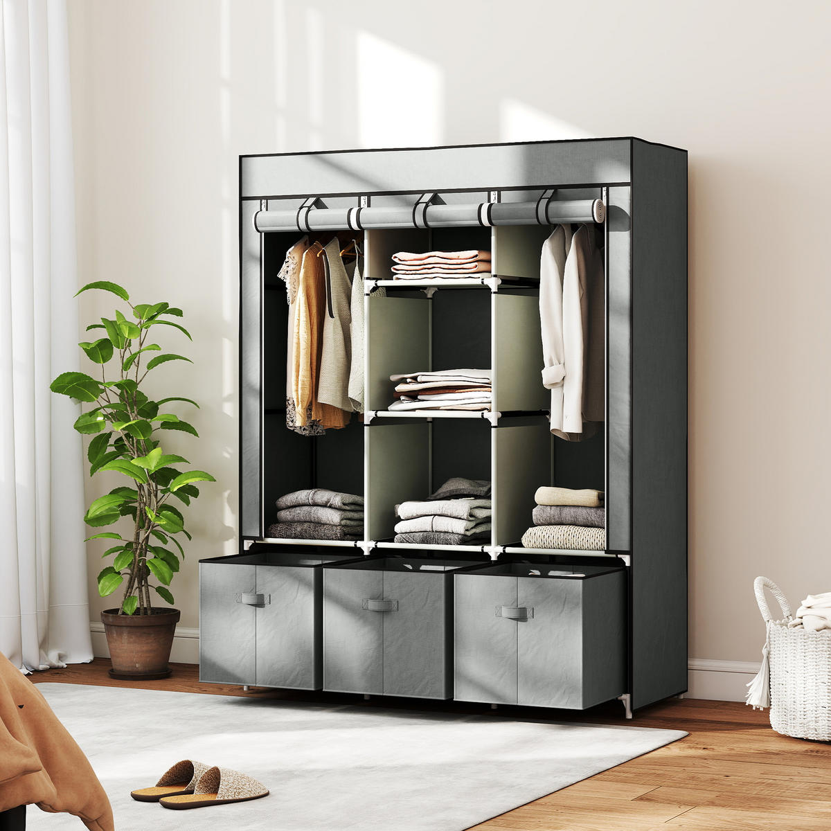 STOFFSCHRANK Stahl Vliesstoff Hellgrau - Hellgrau, Kunststoff (43/162.5/125cm) - HOMCOM