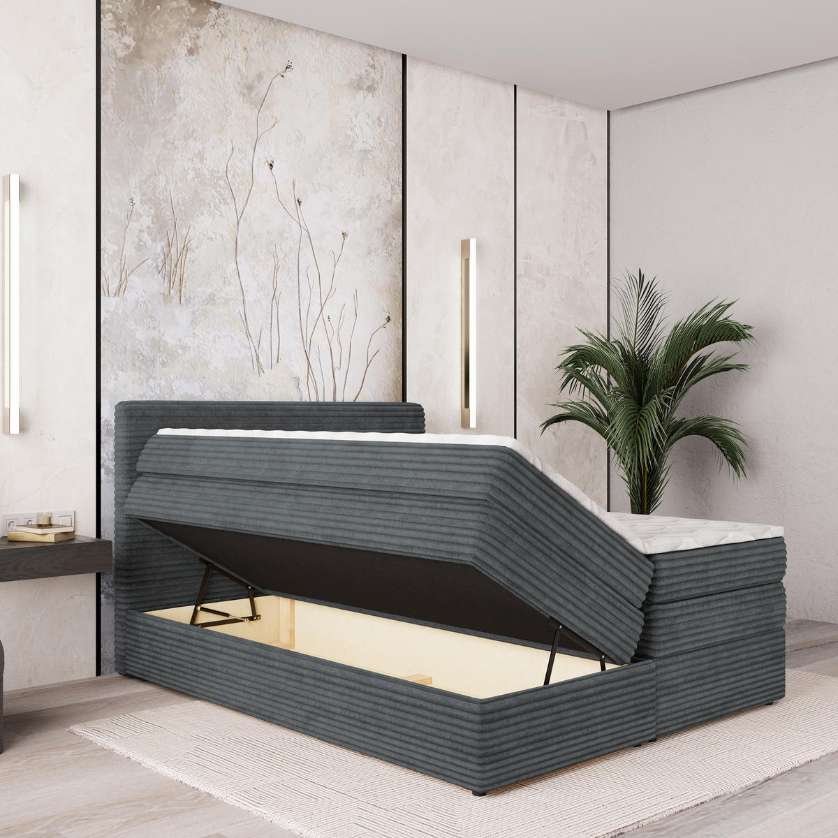 BOXSPRINGBETT LUNERA 180x200 cm mit Matratze und Topper - Graphitfarben - Graphitfarben, Holz (180/200cm) - MASSENO