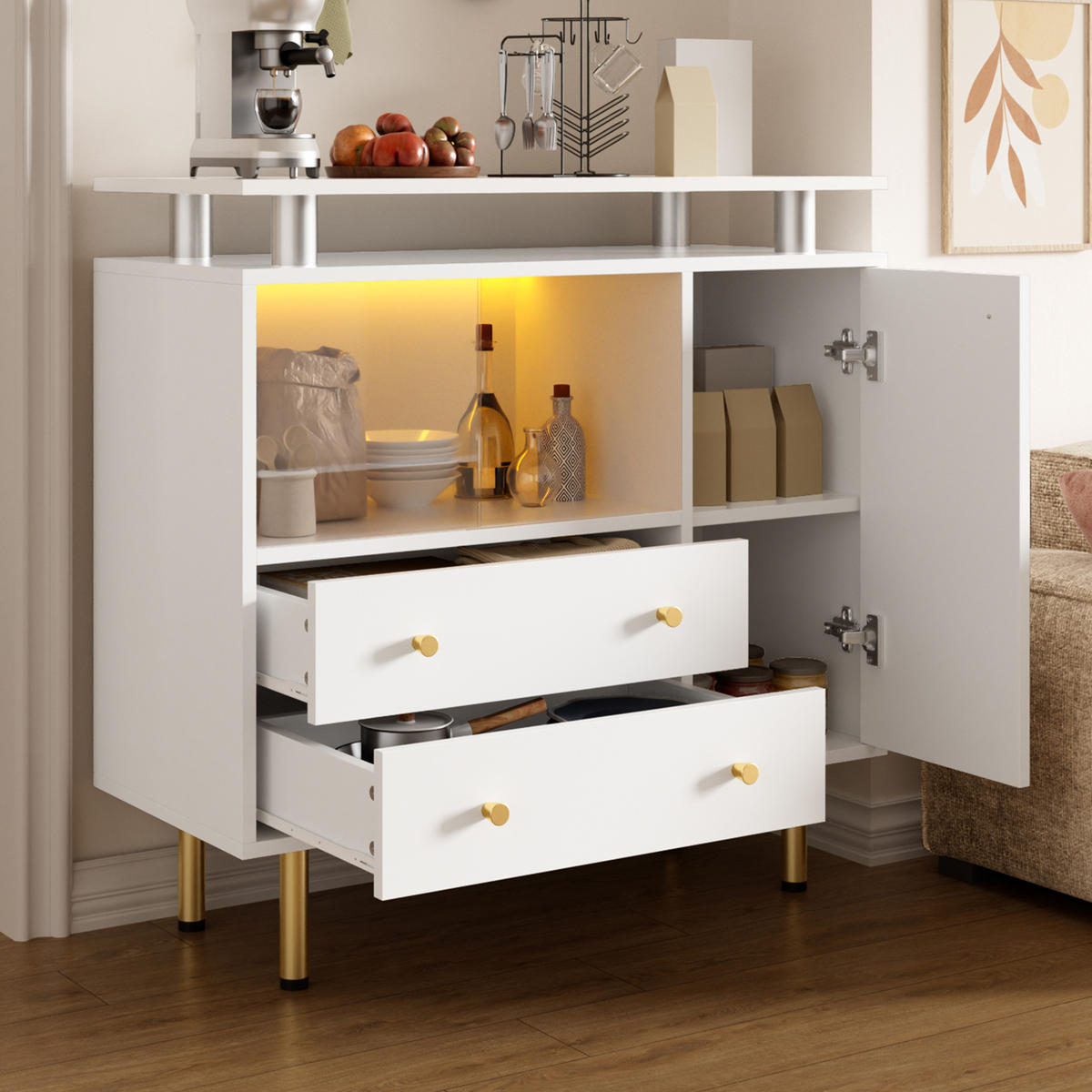 SIDEBOARD in Weiß mit LED-Beleuchtung und Schubladen für Wohnzimmer, Flur und Esszimmer, B80/T35/H80 cm - Goldfarben/Weiß, Glas/Holzwerkstoff (80/80/35cm) - STILVORA