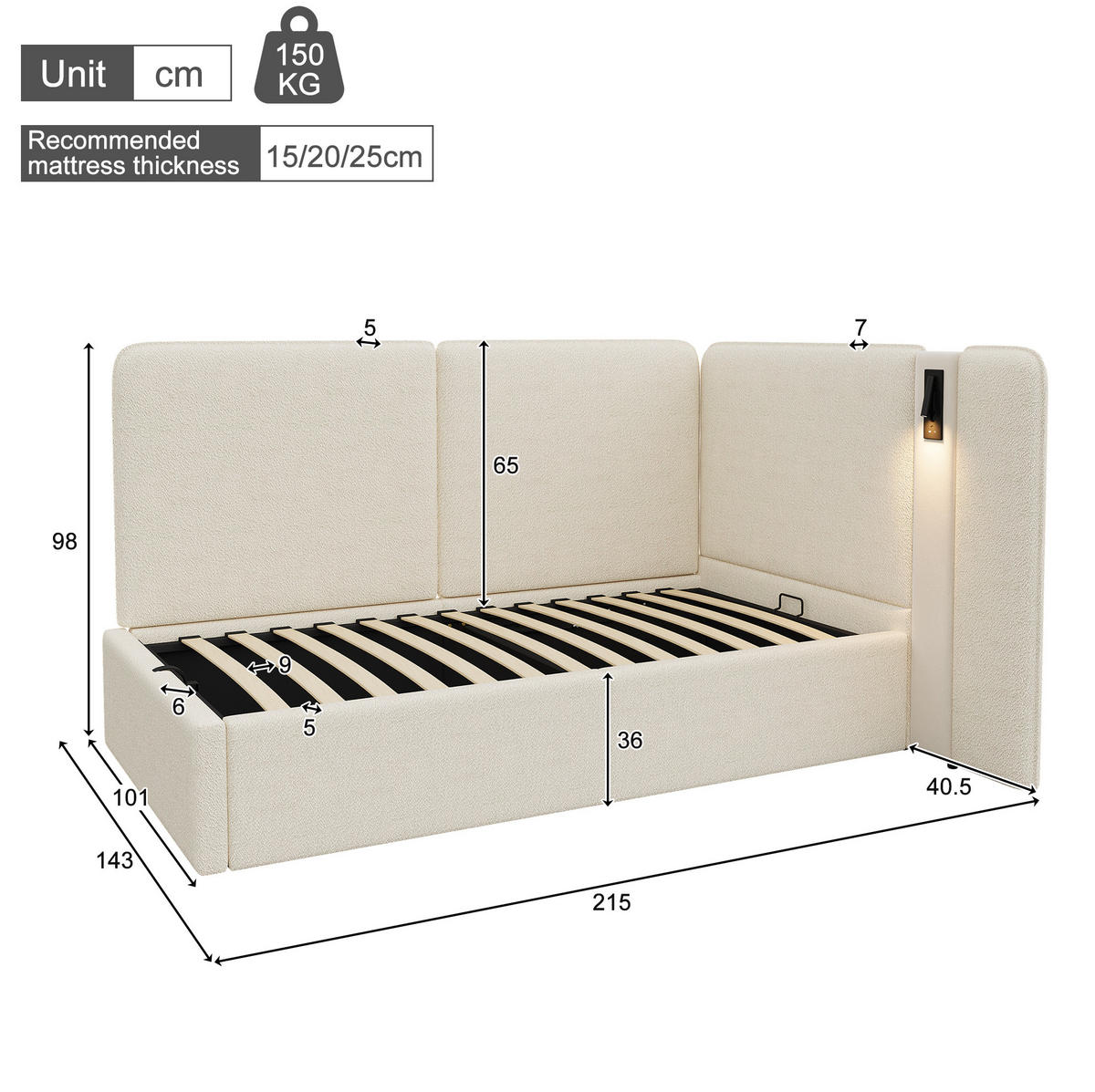 TAGESBETT 90/200 cm mit hydraulischem Stauraum, USB- und Typ-C-Anschluss, Leselampe und Bouclé-Bezug, Beige - Beige, Textil (90/200cm) - Redom
