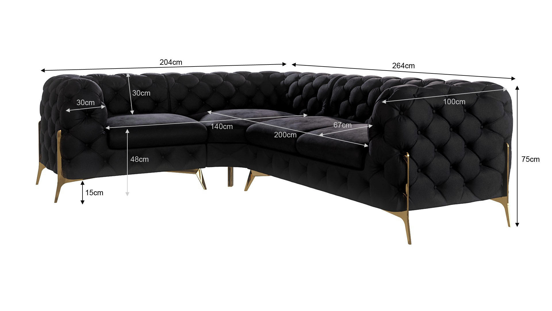 ECKSOFA Chesterfield Lexi Schwarz Samt, Ottomane links - Goldfarben/Schwarz, Holz/Textil (264/204cm) - S-Style Möbel