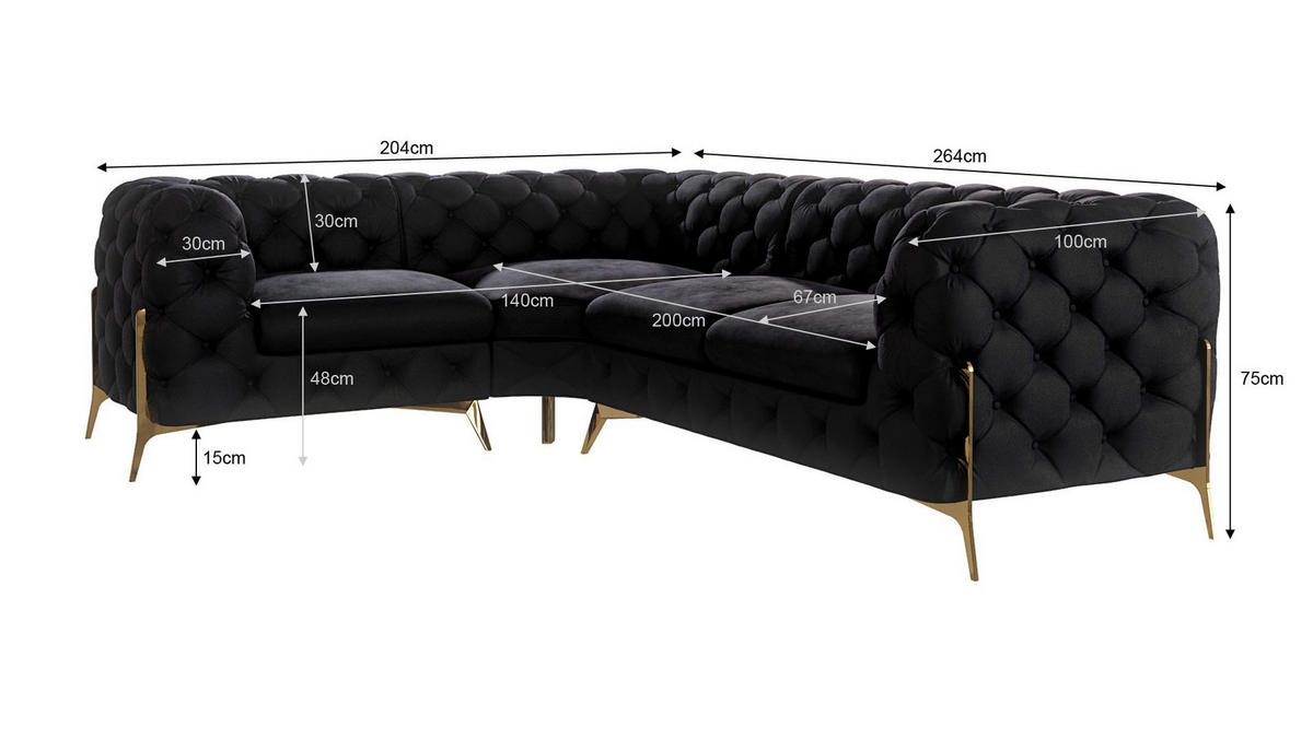 ECKSOFA Chesterfield Lexi Schwarz Samt, Ottomane links - Goldfarben/Schwarz, Holz/Textil (264/204cm) - S-Style Möbel