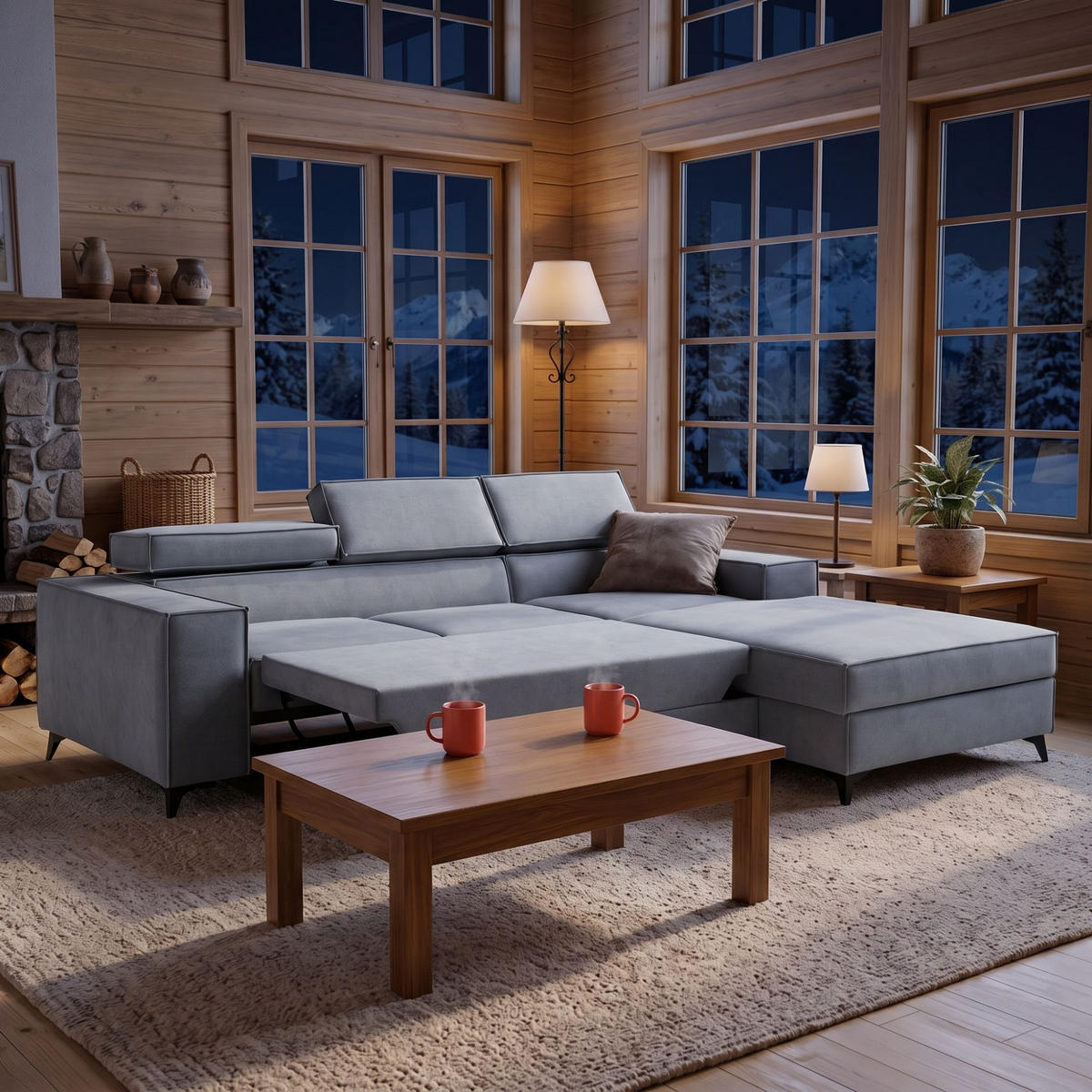 ECKSOFA PURE S Rechts mit Schlaffunktion 127x215 Velours Hellgrau - Hellgrau/Schwarz, Holz/Textil (204/281cm) - Muffo