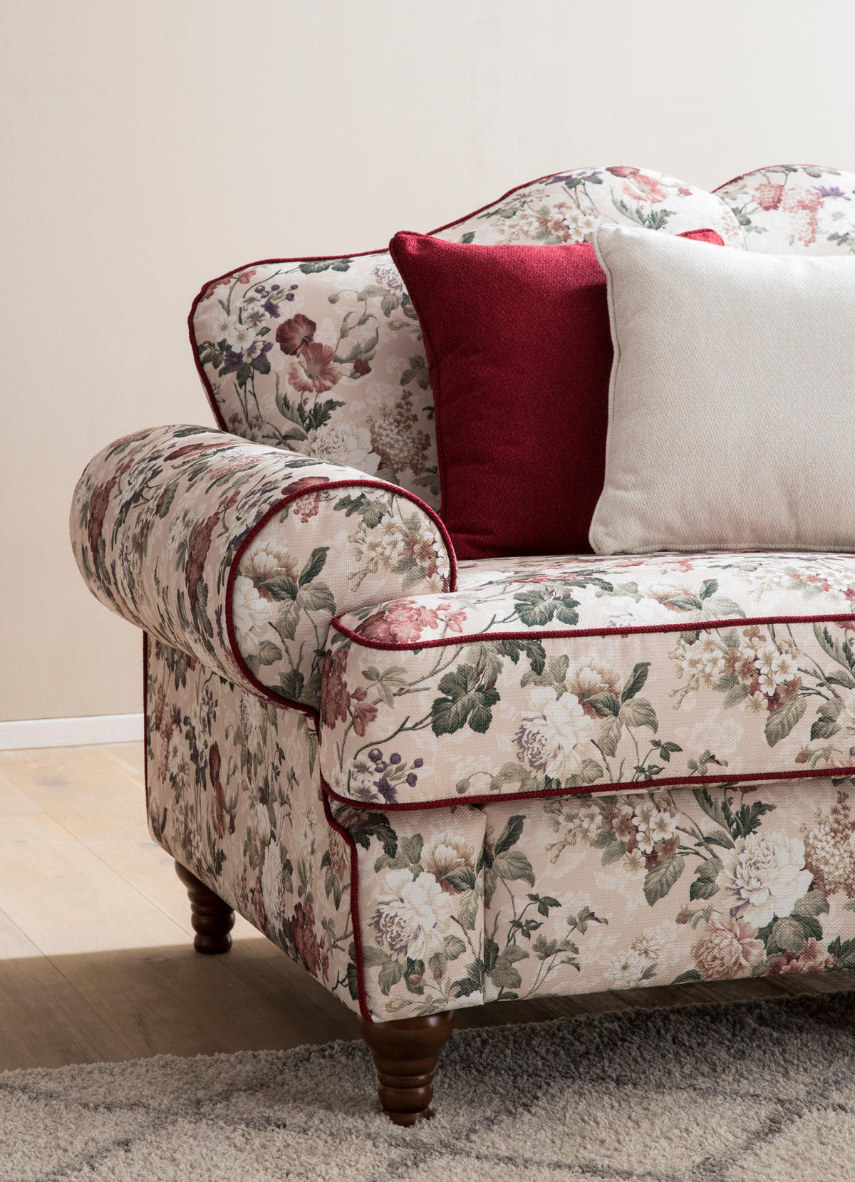 SOFA 2-SITZER creme Landhaus, Blumen Design, Couch 170 cm - Rot/Multicolor, Holz/Textil (110/96/90cm) - Furn.Design