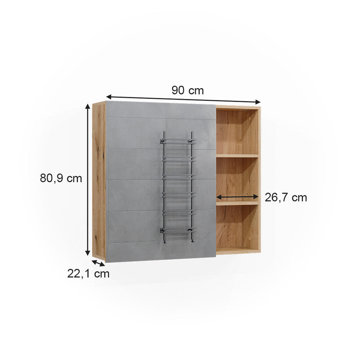 BADSPIEGELSCHRANK Rudi Eiche 90 x 80.9 cm mit Tür und offenen Fächern - Eichefarben, Holzwerkstoff (90/80.9/22.1cm) - Vicco