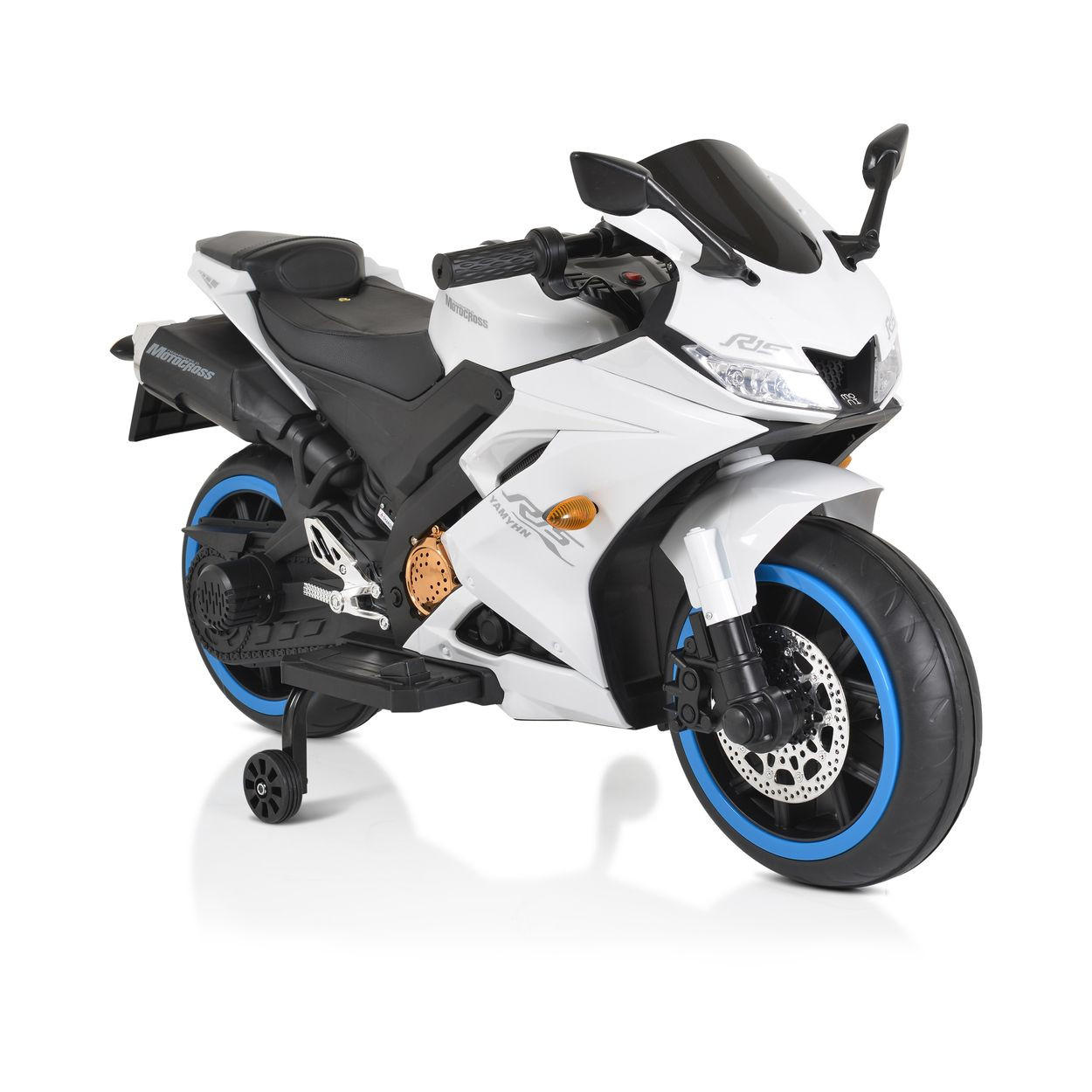 ELEKTROMOTORRAD Motocross weiß MP3-Funktion Bluetooth Stützräder Lichter - Weiß, Kunststoff (120/60/74cm) - Moni