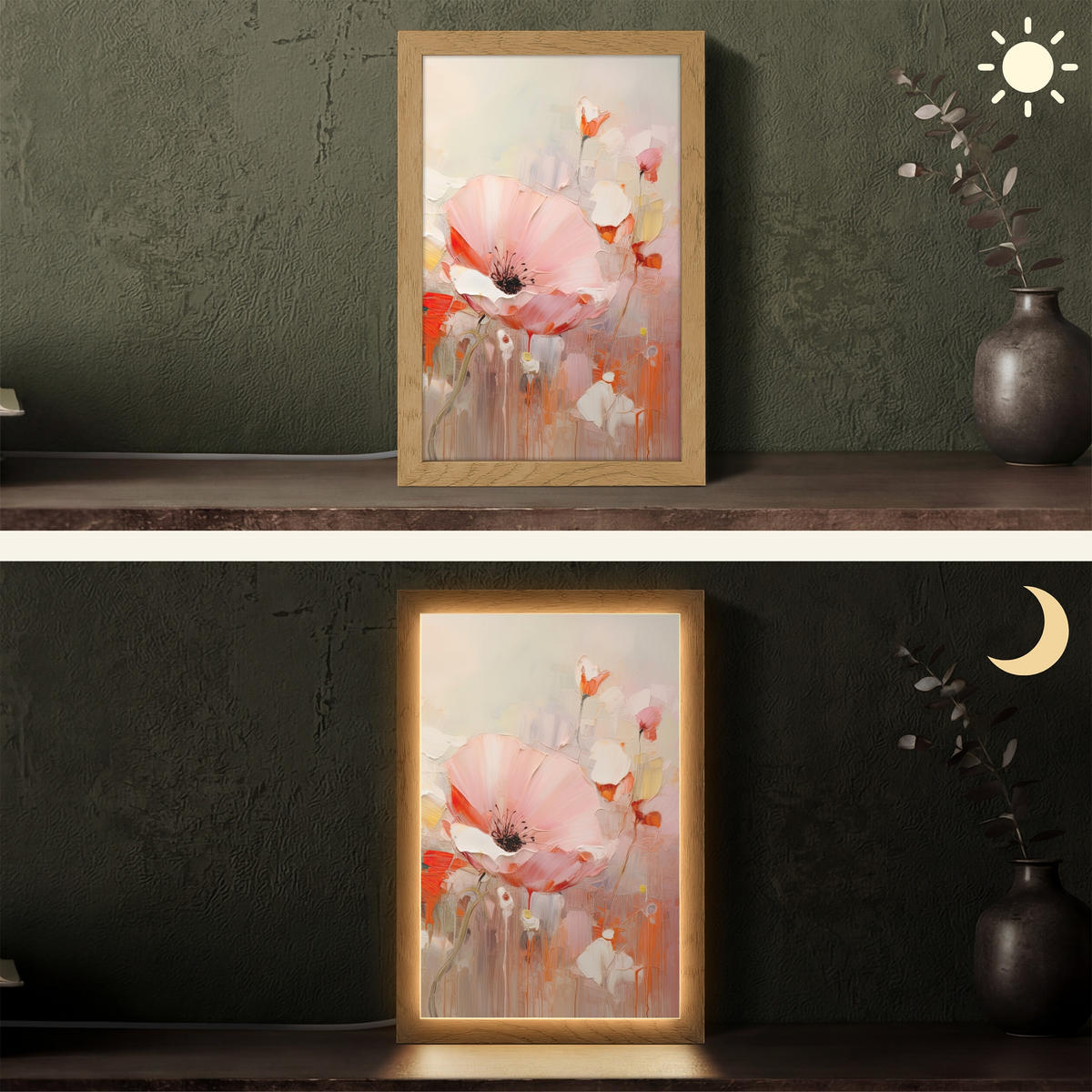 TISCHLEUCHTE Blumen - Aquarell - Rosa - Abstrakt - Kunst 20x30 cm - Anthrazit, Holzwerkstoff (8/20/30cm) - OnlyWow