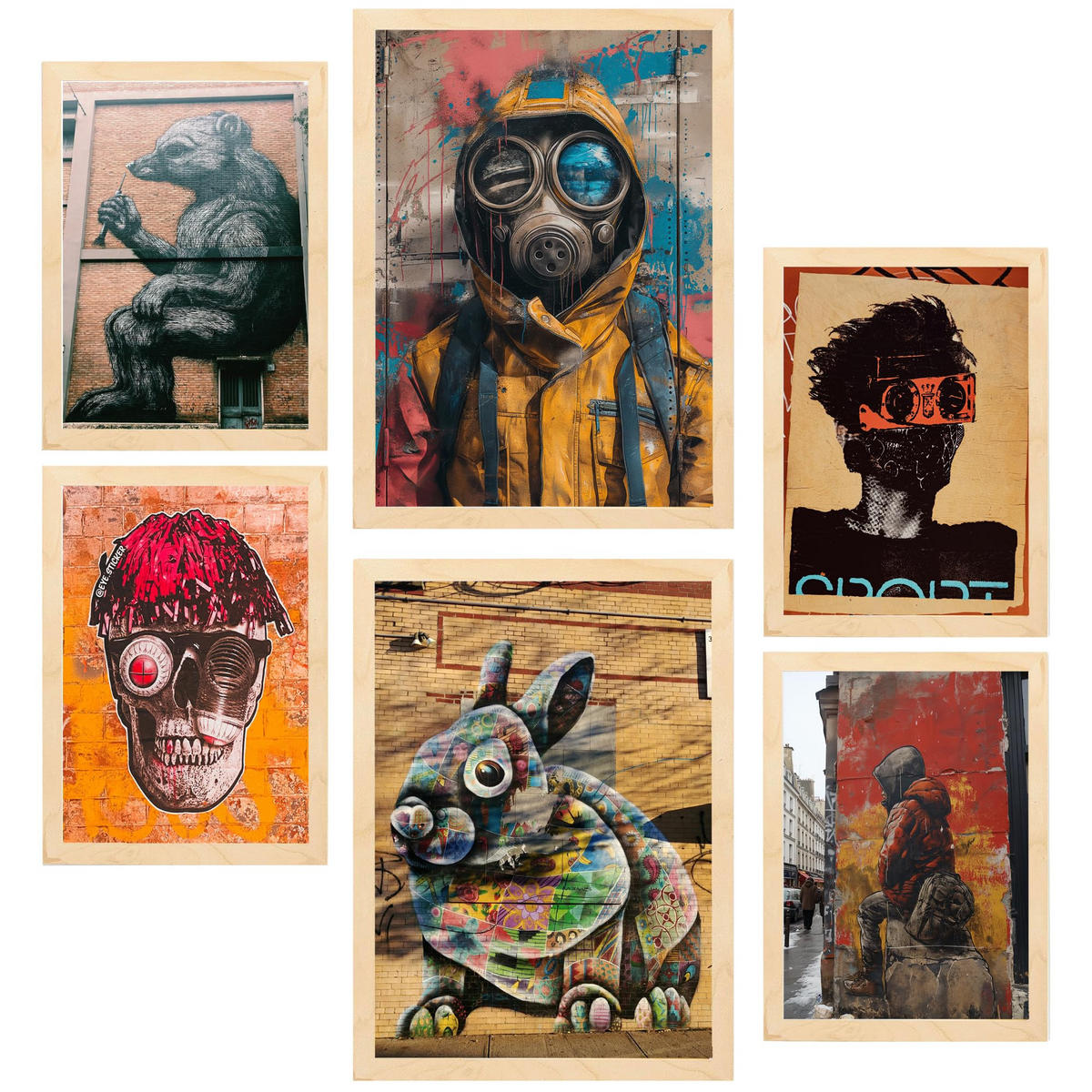 POSTER Set Mit 6 Graffiti Straßenkunst Im Banksy In Brauntönen A3 & A4 Rahmen Aus Hellem Holz - Beige, Papier (29/3cm) - Nacnic