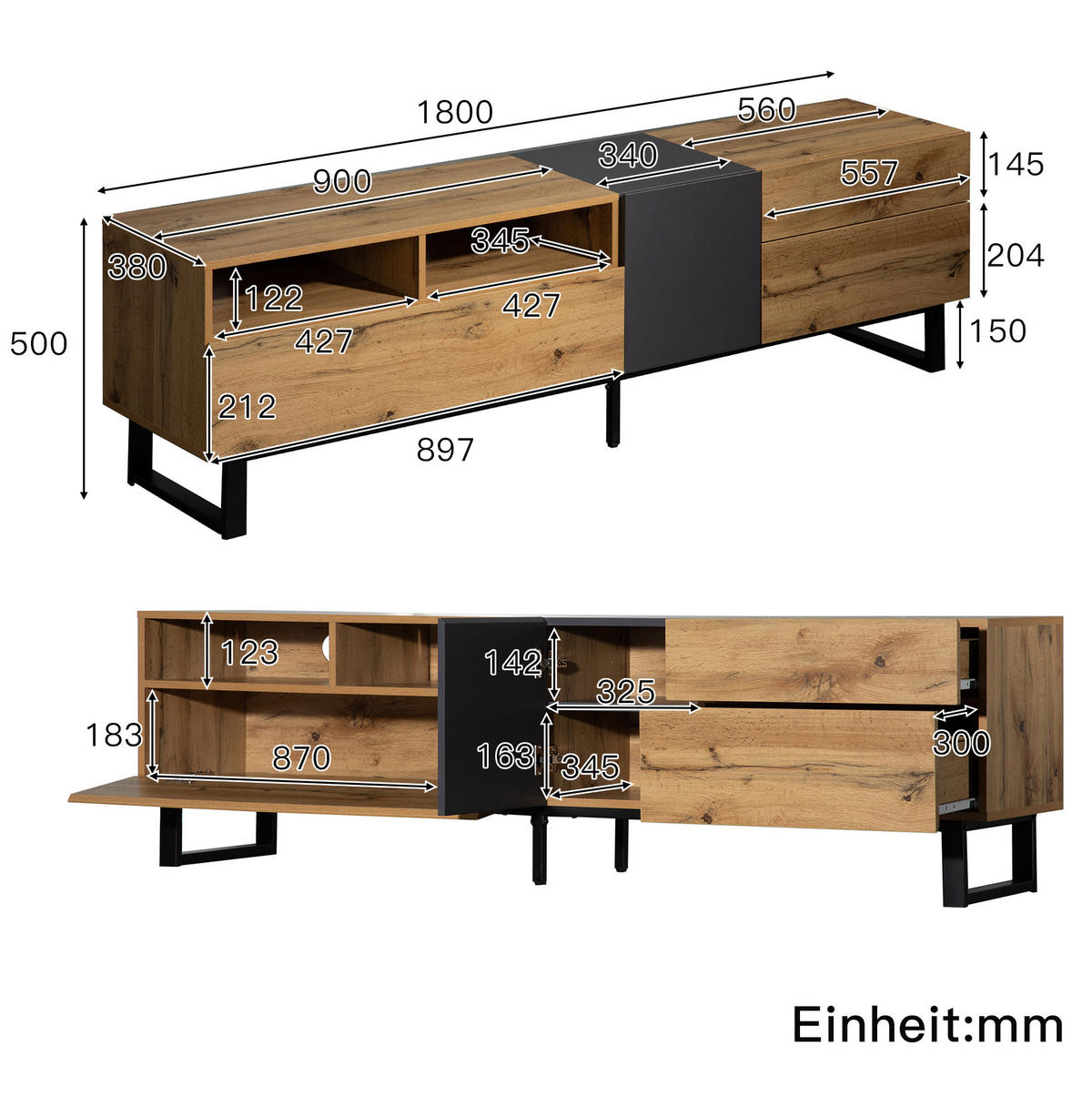 LOWBOARD 180/50/38 cm in Eiche/Anthrazit mit 2 Schubladen und Push-Open - Alteiche, Holzwerkstoff (180/50/38cm) - Flora Grace