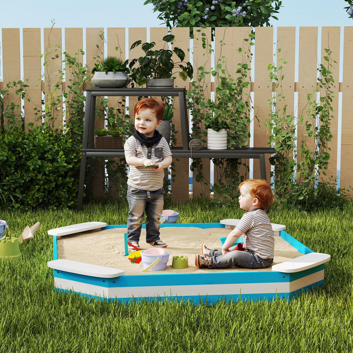SANDKASTEN 133 x 108 cm Sandkiste aus Holz Sandbox mit Sitzbank Blau - Blau, Holz (133/133/16cm) - AIYAPLAY