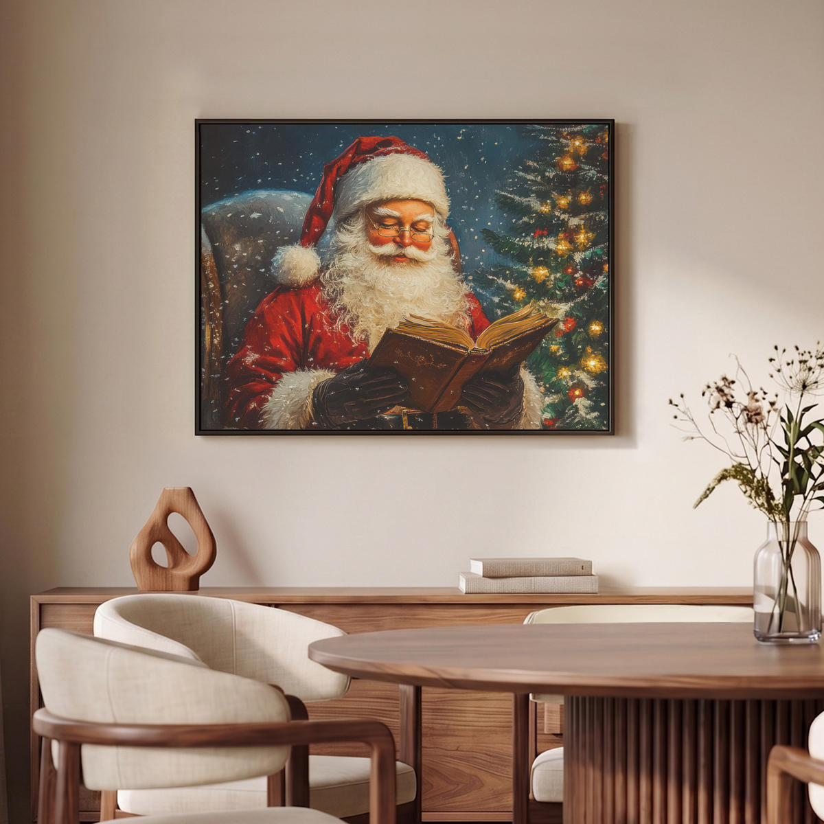 LEINWAND Bilder mit Rahmen - Weihnachtsmann - Weihnachten - Winter - Weihnachtsbaum - 70x50 - Bordeaux, Textil (70/50cm) - MuchoWow