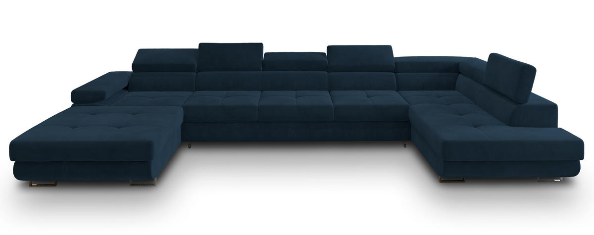 WOHNLANDSCHAFT TORIVA R-S Blau Velours-Stoff mit Schlaffunktion - Blau, Holz (418/90/202cm) - MASSENO