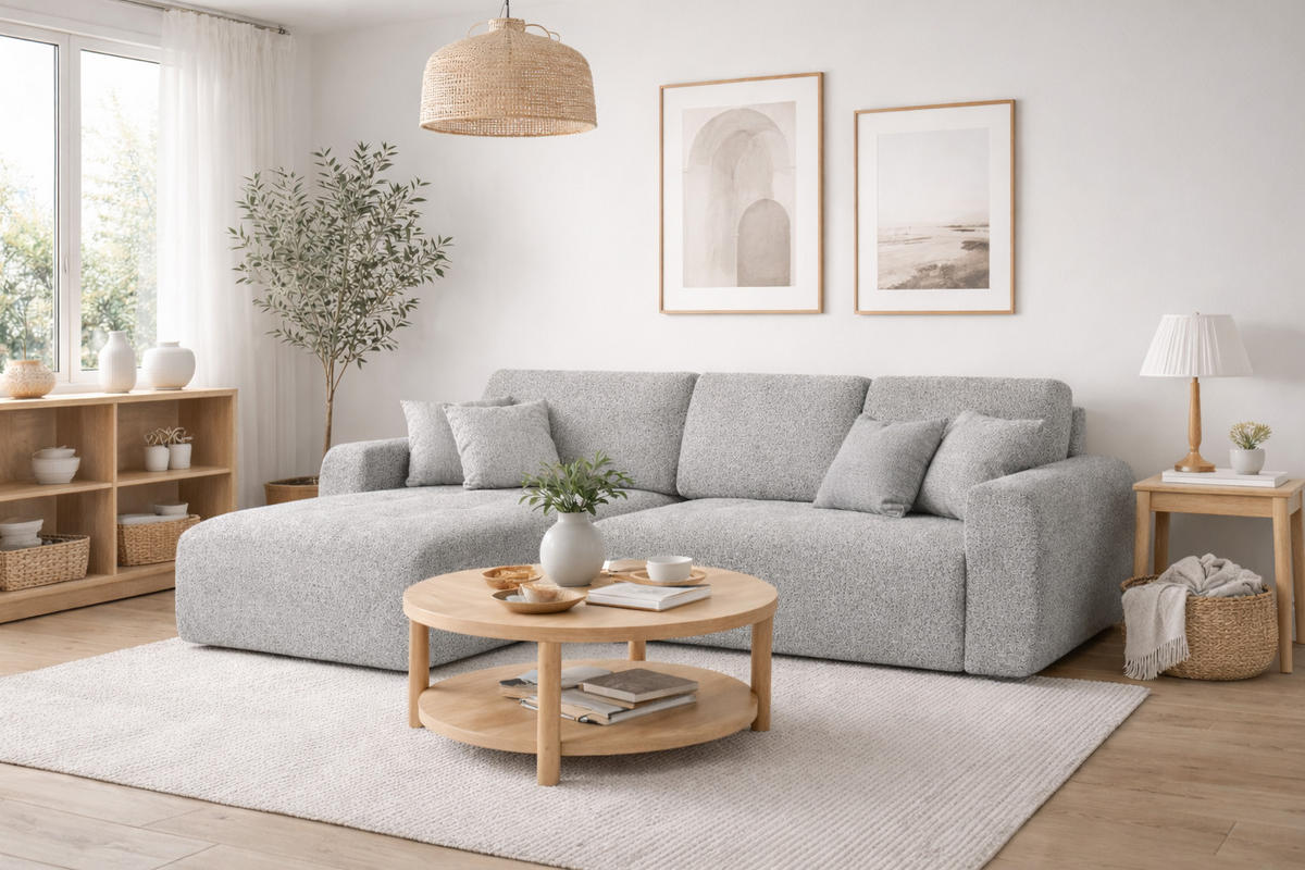 ECKSOFA Mit Schlaffunktion Und Bettkasten L-Form Ivo L, Chenille-Stoff Artico, Cement, Links - Hellgrau, Holz (250/142cm) - Kaiser Möbel