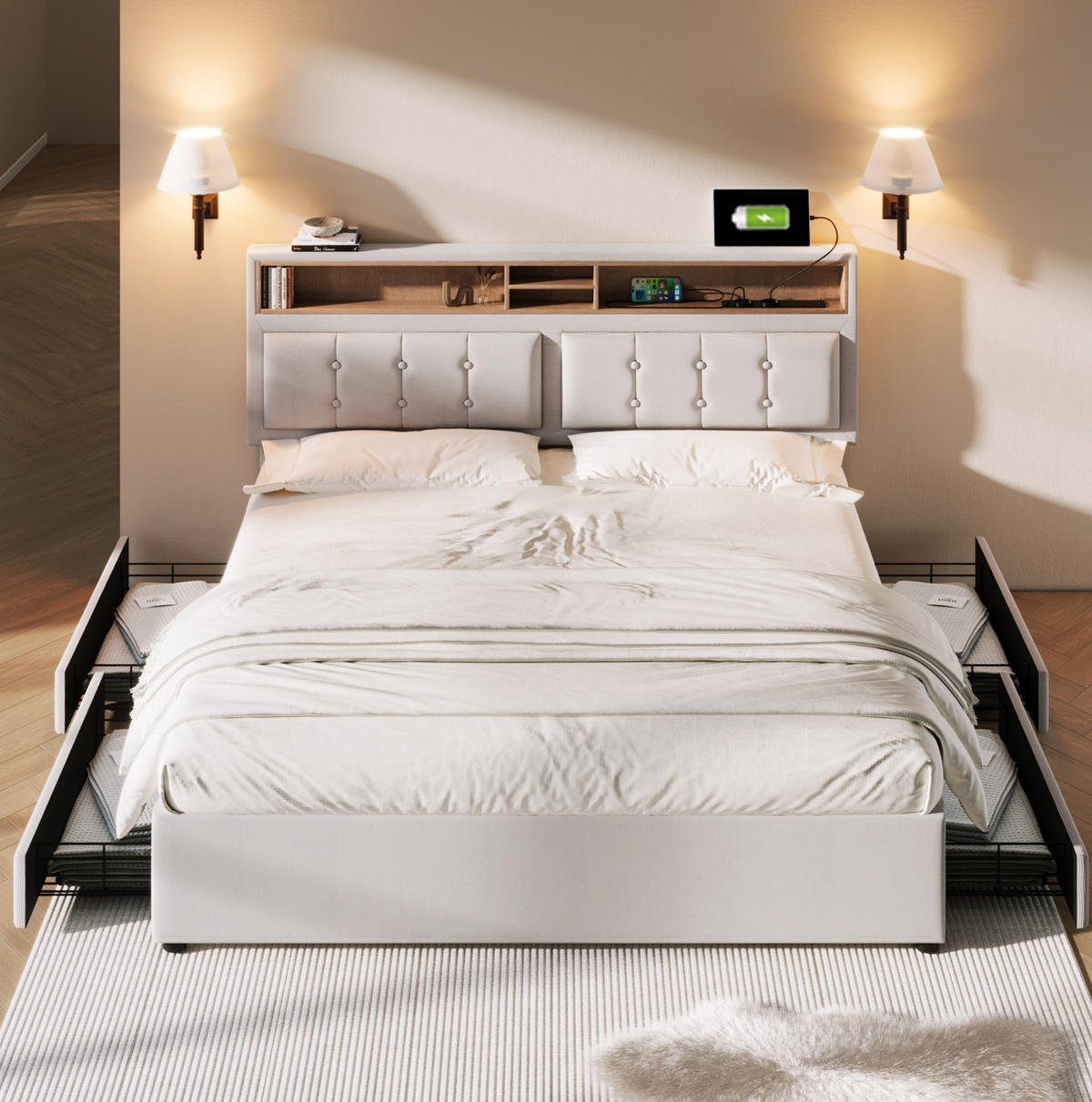 POLSTERBETT 160/200 cm beige mit USB-Anschlüssen und höhenverstellbarem Kopfteil mit Matratze - Beige, Textil (160/200cm) - OKWISH