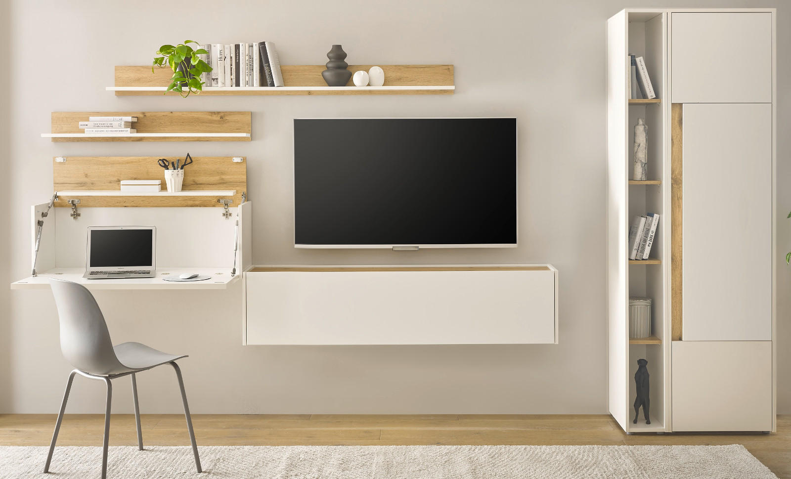 WOHNWAND weiß, Eiche Wotan 6-teilig 340 cm, Wohnkombination mit Sekretär - Eiche Wotan/Schwarz, Holz/Holzwerkstoff (340/200/40cm) - Furn.Design