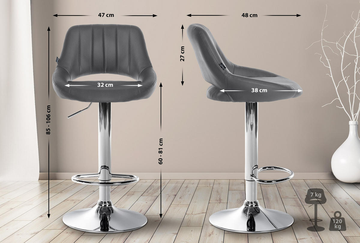 BARHOCKER Milos Kunstleder chrom grau - Chromfarben/Grau, Kunststoff/Metall (47/106/48cm) - TPFLiving
