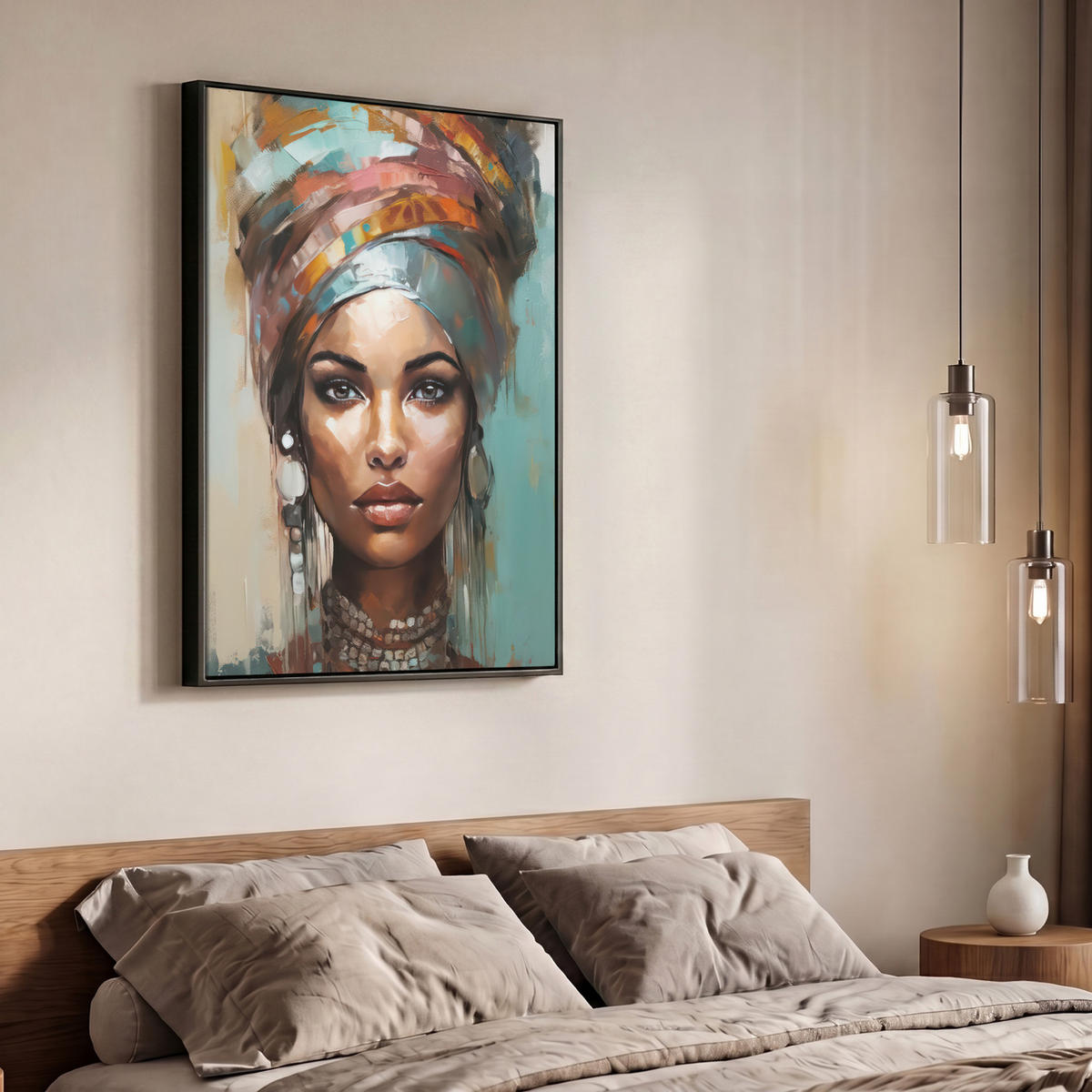 LEINWAND Bilder mit Rahmen - Frau - Kunst - Schmuck - Porträt - 70x100 - Blaugrau, Textil (70/100cm) - MuchoWow