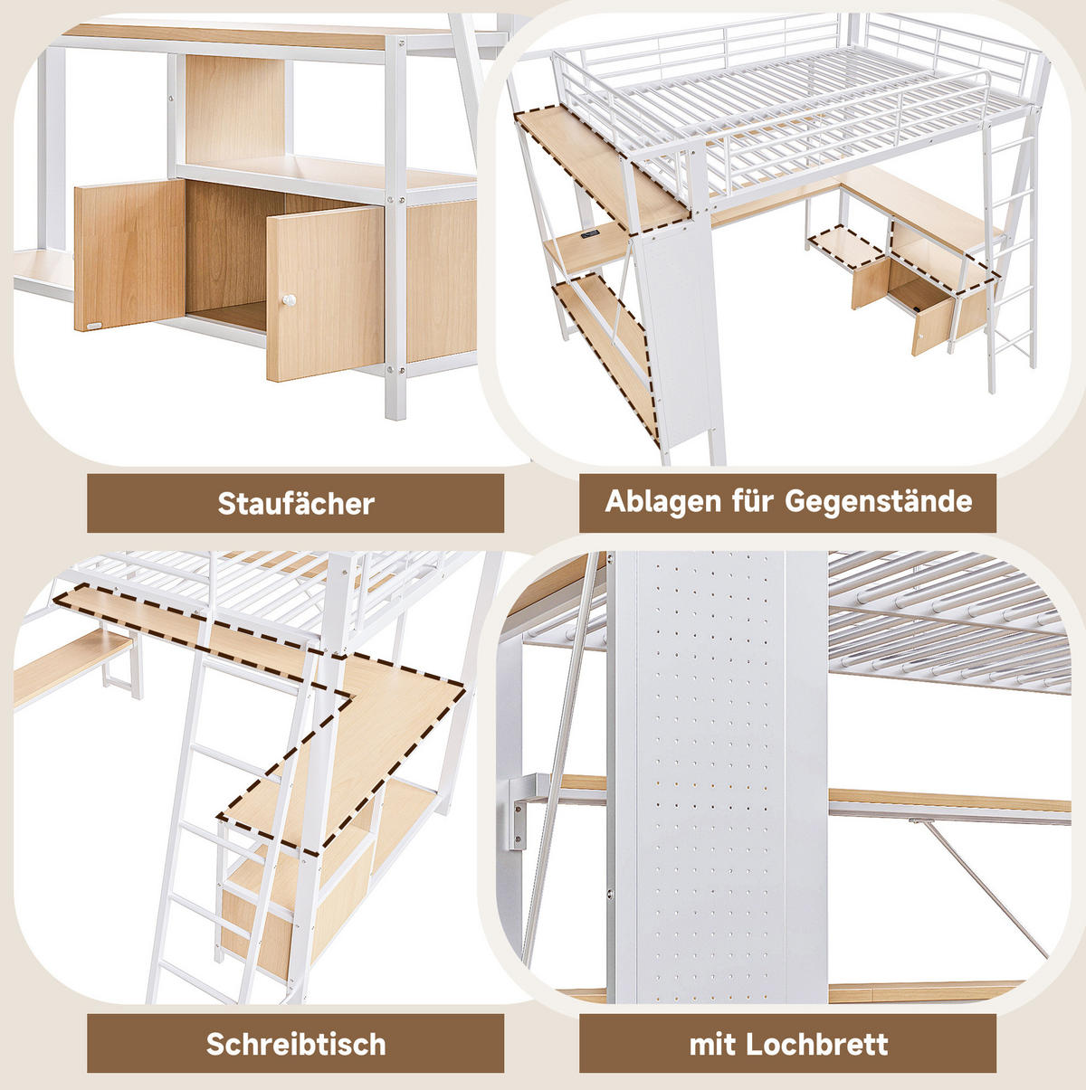HOCHBETT 140/200 cm mit LED-Lichtleiste, Schreibtisch, USB-Anschluss, Regalen und Eisenrahmen, Weiß - Weiß, Metall (140/200cm) - Redom