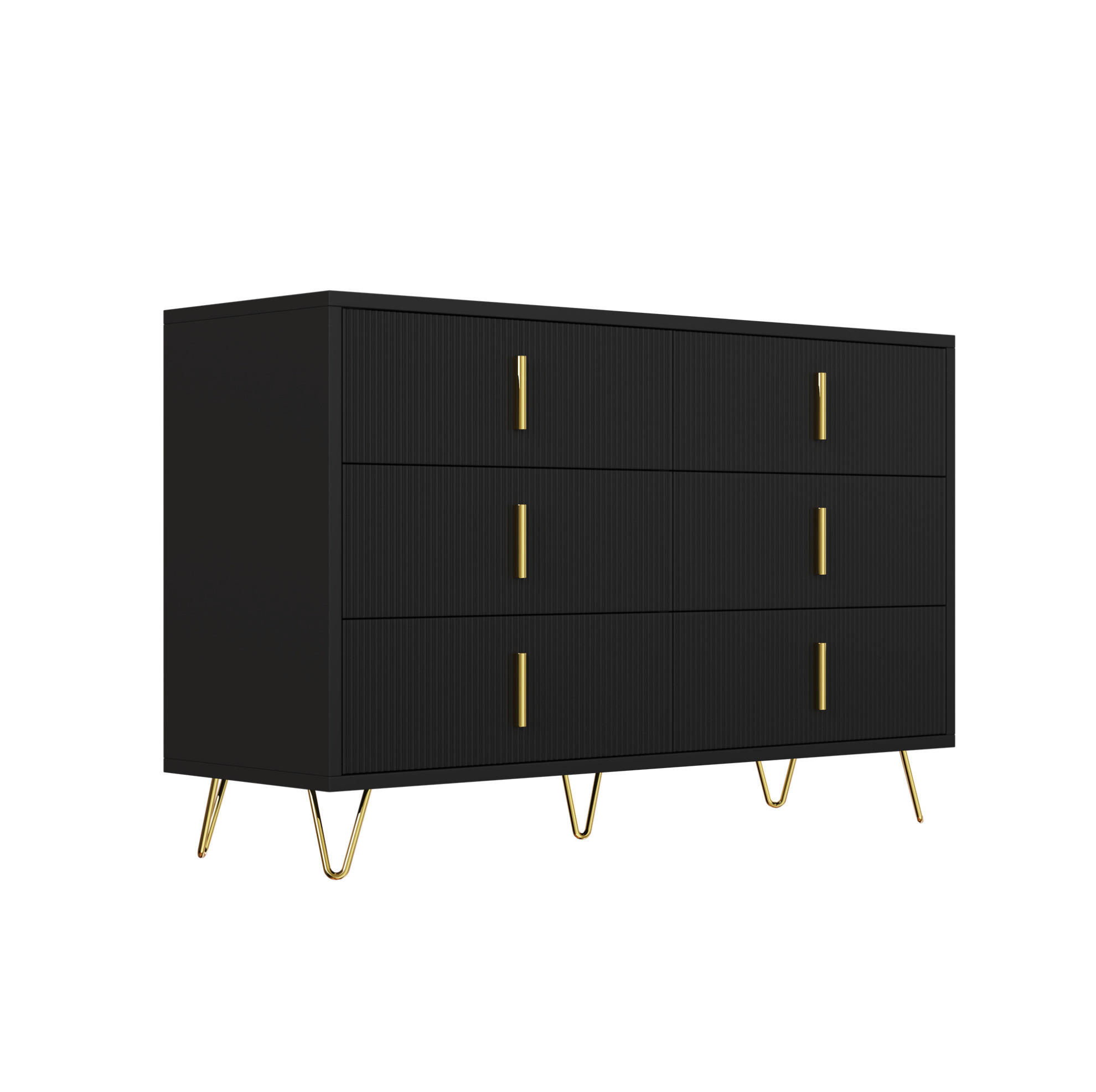 KOMMODE 120/40/77 cm mit 6 Schubladen und goldfarbenen Griffen - Schwarz, Holzwerkstoff (120/77/40cm) - BEAOK