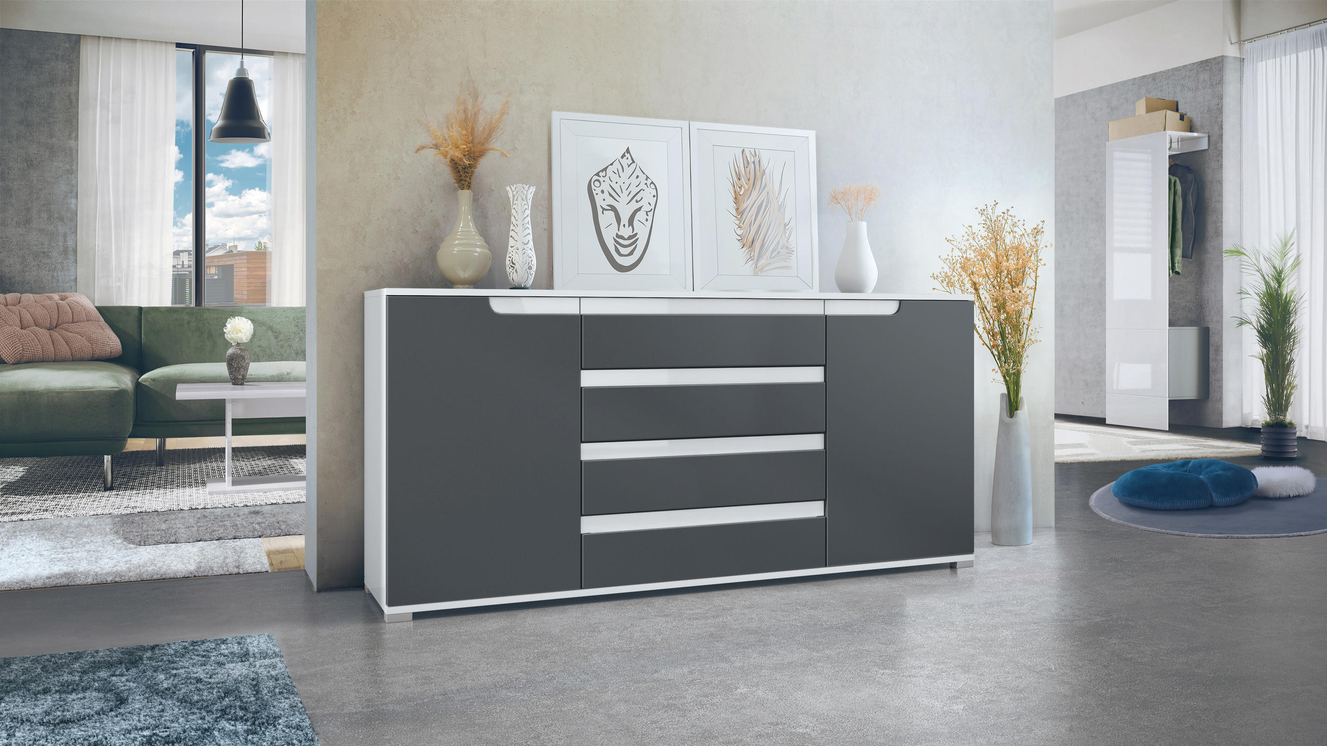 SIDEBOARD Sylt Anthrazit matt / Weiß Hochglanz - Anthrazit, Holzwerkstoff (166.5/75.5/35cm) - Vladon