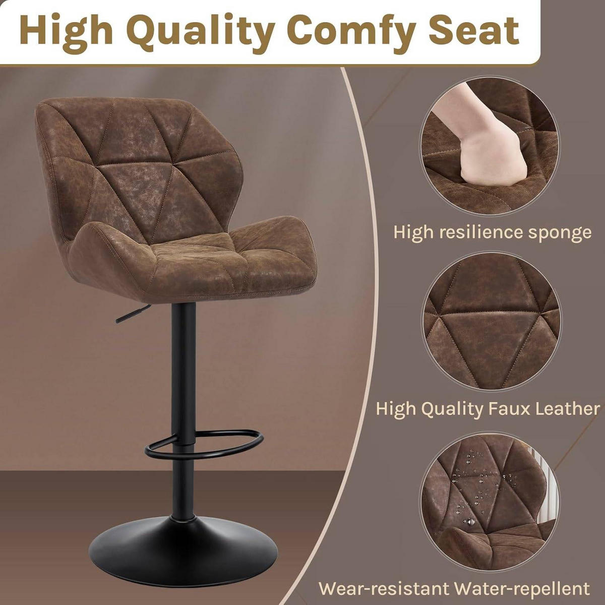BARHOCKER 2er Set, höhenverstellbar,drehbar,Kunstleder Stahl - Dunkelbraun, Metall (50/94/41cm) - Woltu