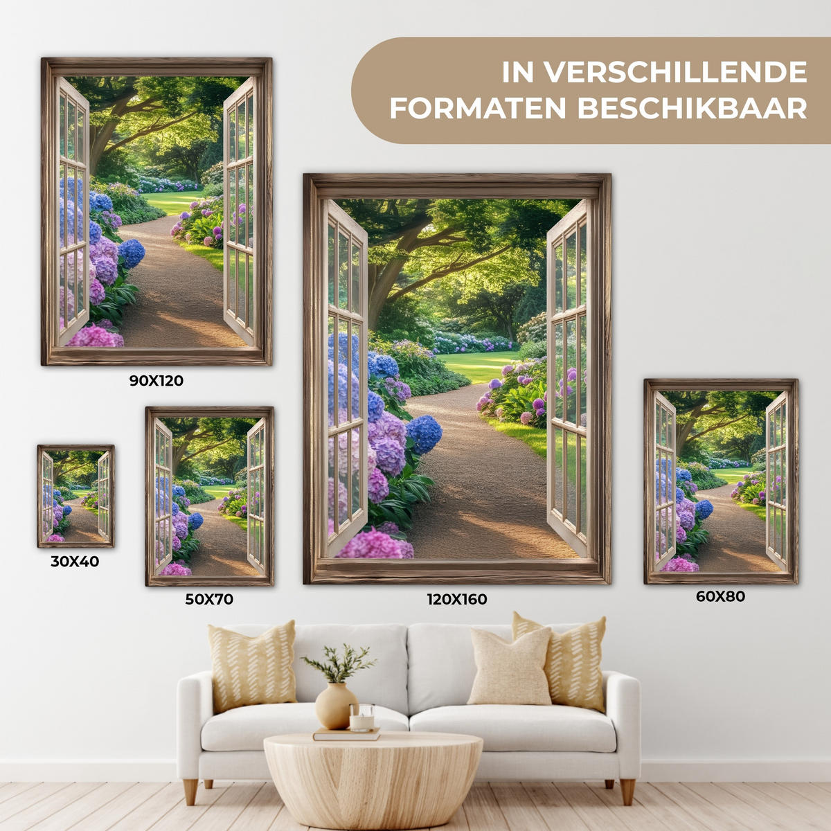 LEINWANDBILD Aussicht - Garten - Fenster - Hortensie - Blumen 60x80 cm - Pastellblau, Textil (60/80cm) - MuchoWow