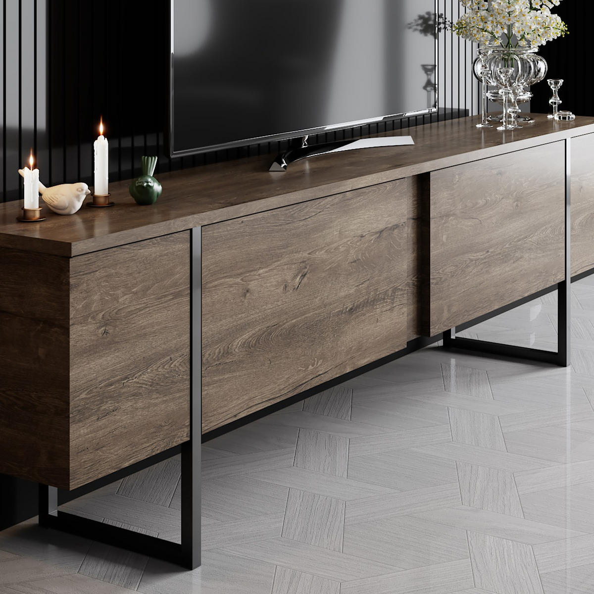 TV-MÖBEL Luxe Nussbaum-Schwarz - Schwarz/Braun, Holz (180/50/30cm) - Habitat Garten