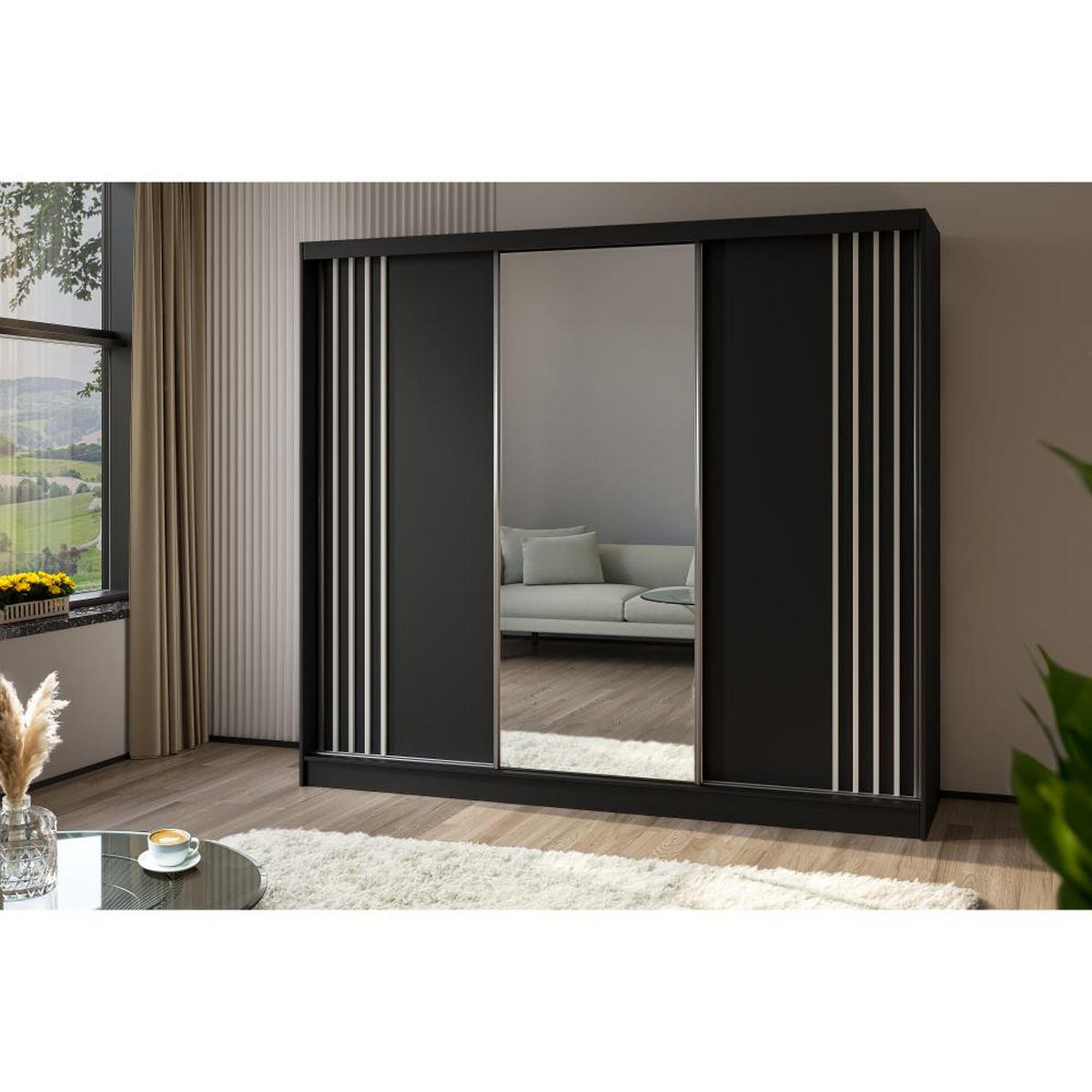 SCHWEBETÜRENSCHRANK Nela 240/216/61 schwarz mit Schubladen - Schwarz/Weiß, Holzwerkstoff (240/216/61cm) - Beautysofa