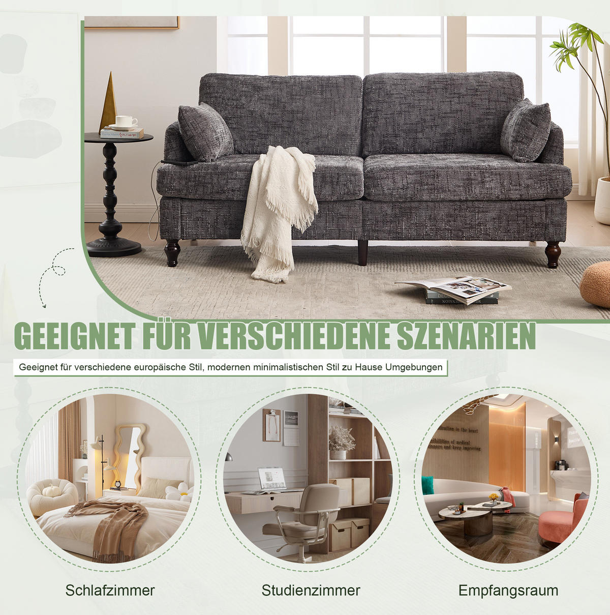 2-SITZER 175/83/78 cm grau aus Chenille mit USB, LED und Tasche - Grau, Textil (175/78/83cm) - OKWISH