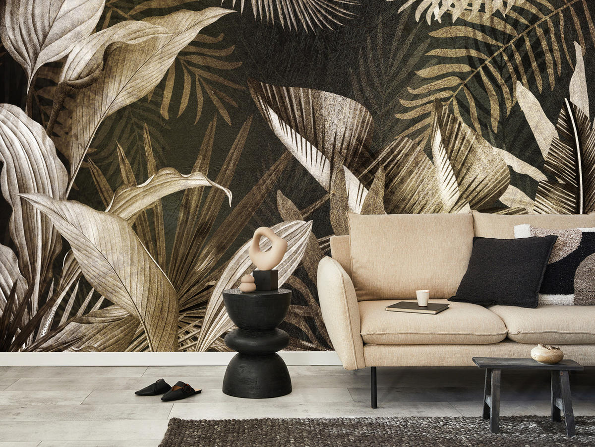 FOTOTAPETE Vintage Tropenpflanzen Blätter Exotisch Modern 400x280 - Beige/Grau, Papier (400/280cm) - Muralo