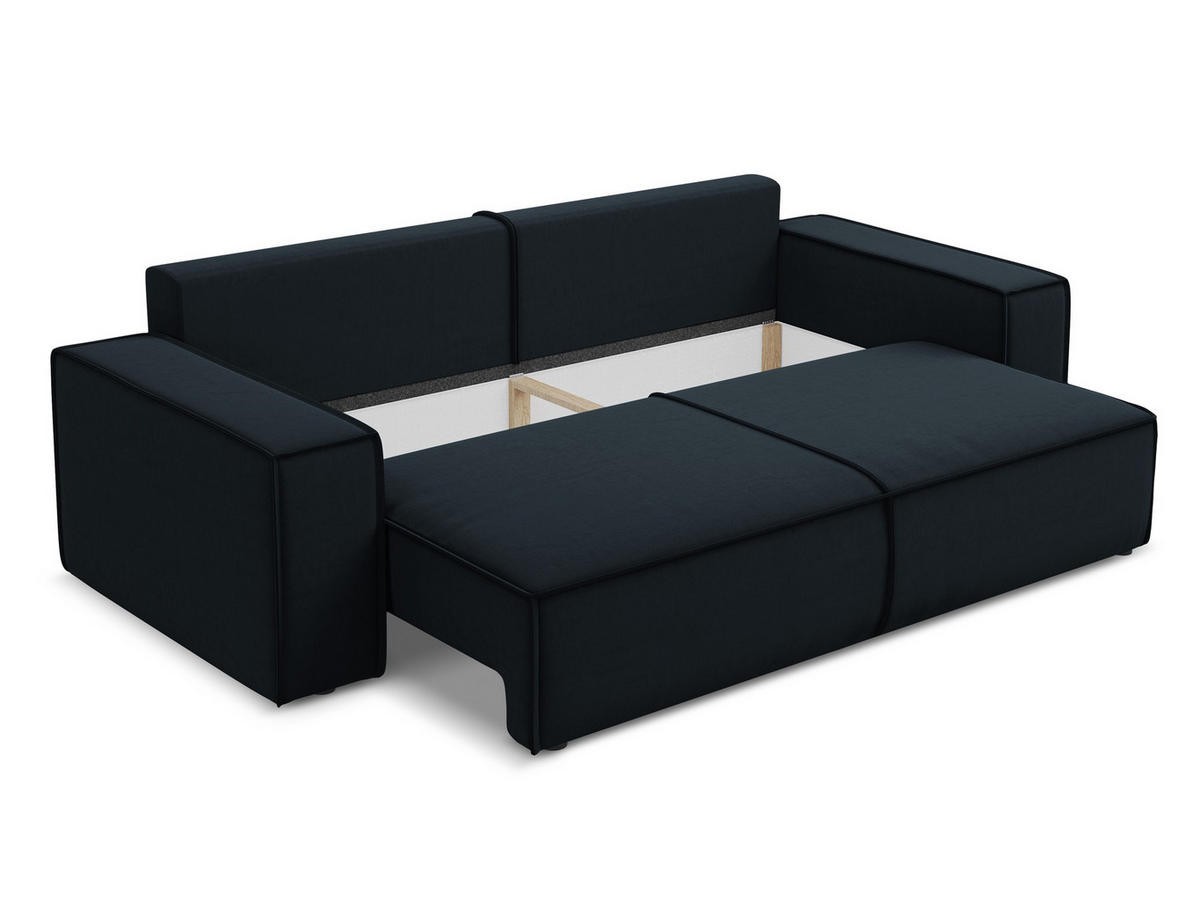 3-SITZER SOFA mit Schlaffunktion Samt Stoff Blau - Blau/Schwarz, Kunststoff/Textil (255/85/105cm) - Makamii