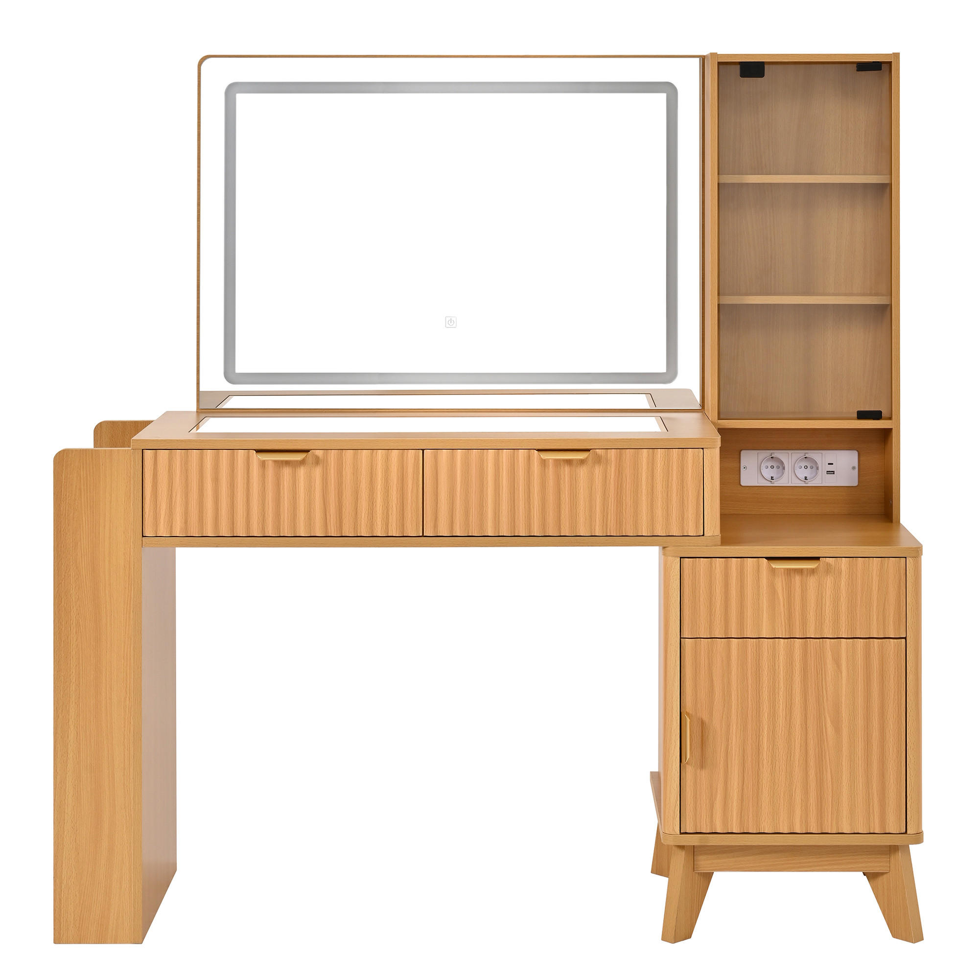SCHMINKTISCH LED Spiegel USB Schubladen Weiß Modern - Naturfarben, Holzwerkstoff (133/136/40cm) - FLIEKS