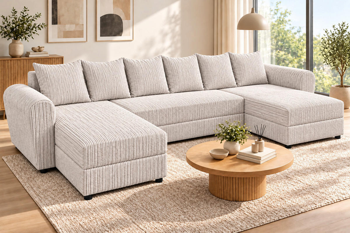 WOHNLANDSCHAFT PUMA U 308 cm – Cord Sofa in U-Form mit Schlaffunktion, Bettkasten und weichem Cordbezug - Creme/Schwarz, Kunststoff (308/85/140cm)