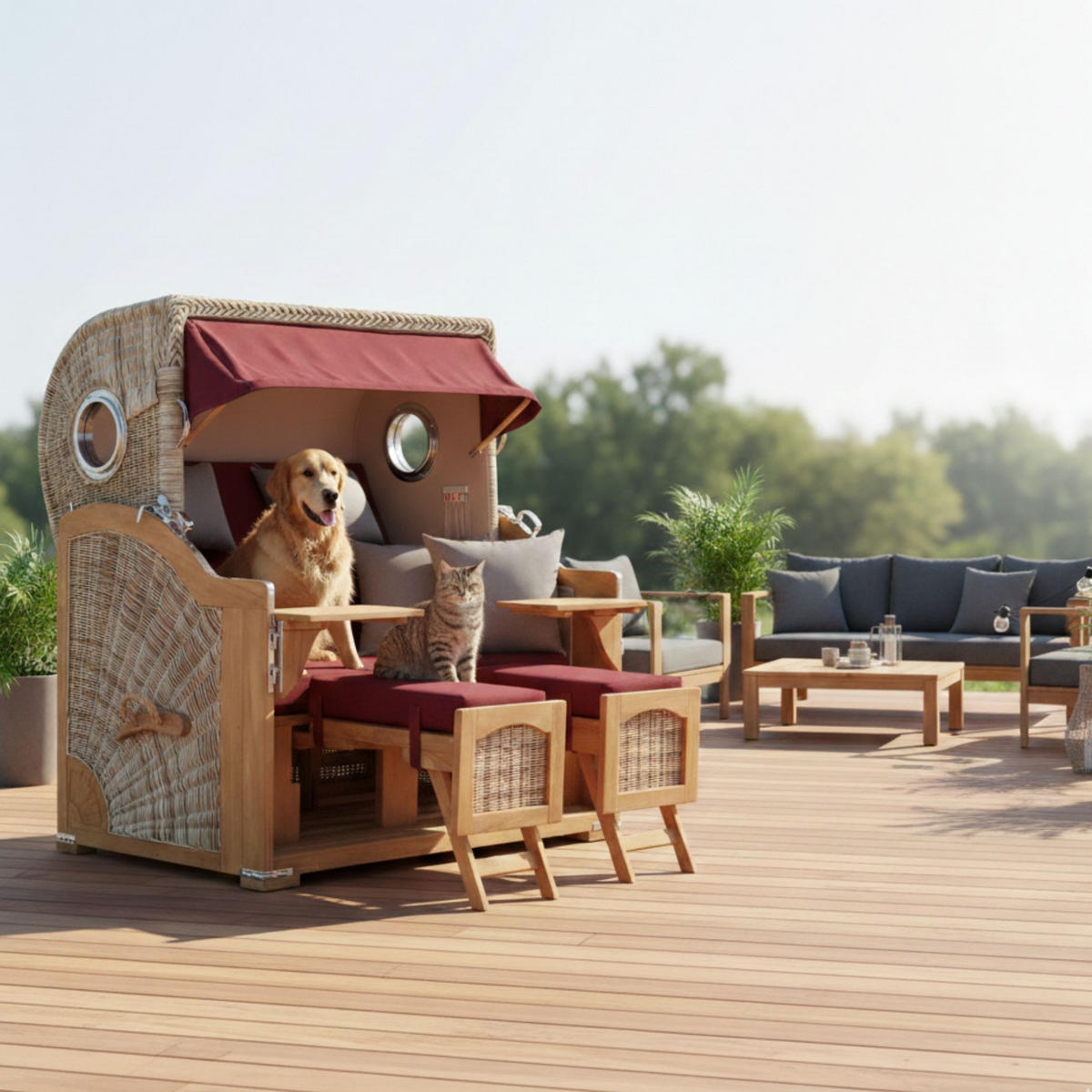 STRANDKORB XXL Düne Grande Teak PE Shell - Rot/Braun, Metall (142/170/95cm) - Mr. Deko