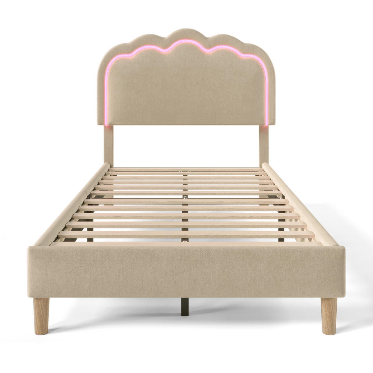POLSTERBETT 90/190 cm Beige mit LED-Beleuchtung und verstellbarem Kopfteil - Beige, Textil (90/200cm) - OKWISH