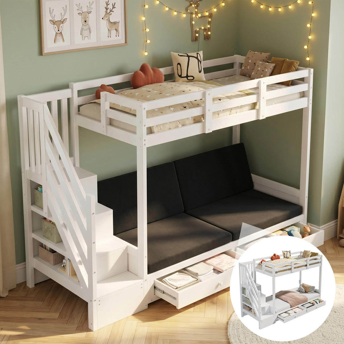 KINDERBETT Etagenbett 90x200 Treppe Schubladen Weiß - Weiß, Holz - FLIEKS
