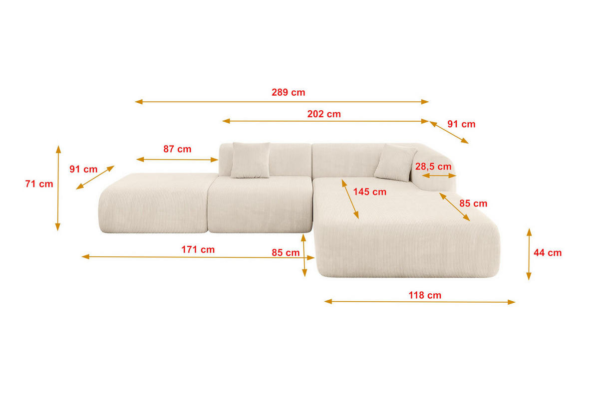 ECKSOFA Ottomane Rechts OVLY-L 289x176x71 Beige Cord - Kaschmir/Beige, Holzwerkstoff/Kunststoff (289/176cm) - ALTDECOR