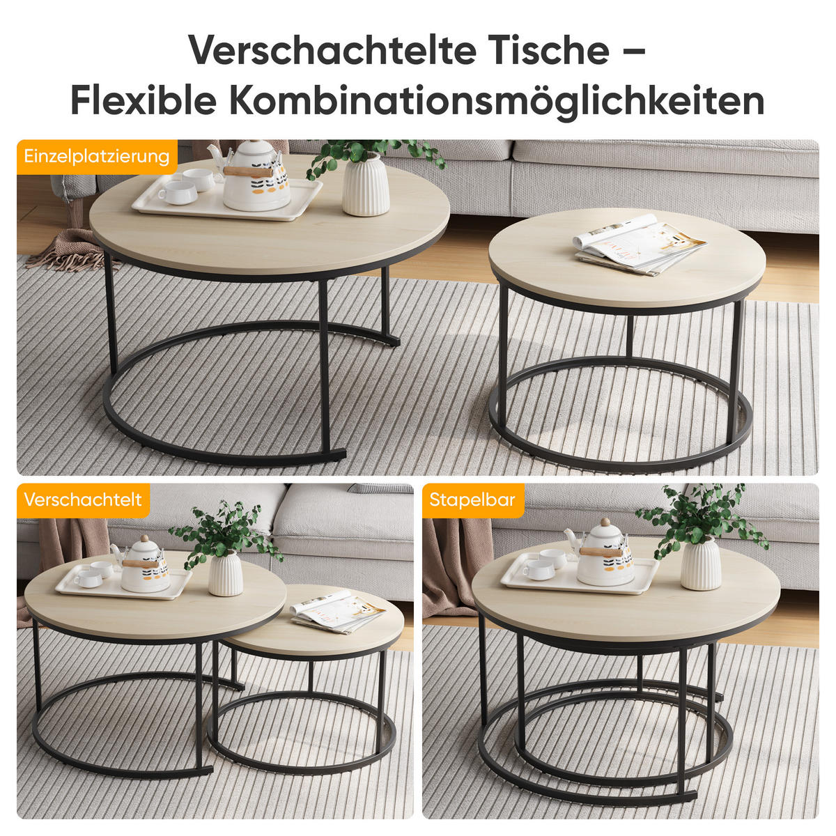 COUCHTISCH-SET Eichefarben 2er-Set 80/80/45 cm - Eichefarben, Metall (80/80/45cm) - PANGIVO