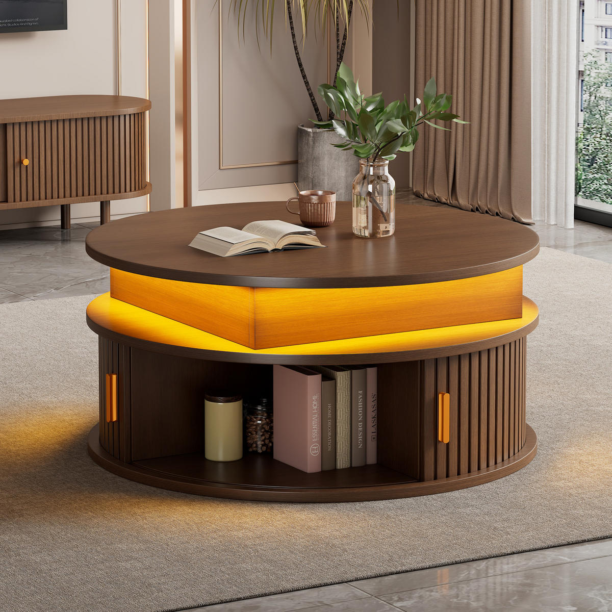 COUCHTISCH 75/75/52 cm walnussfarben aus MDF höhenverstellbar mit LED und Stauraum - Nussbaumfarben, Holzwerkstoff (75/75/52cm) - OKWISH