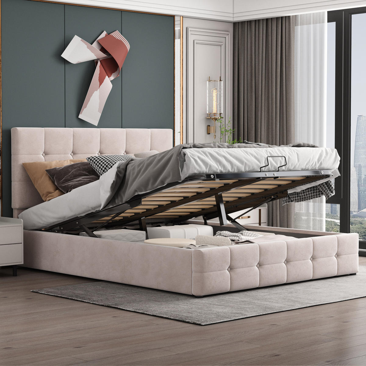 POLSTERBETT 140/200 cm in Cremeweiß Samt mit Bettkasten - Creme, Holzwerkstoff/Textil (140/200cm) - WISHDOR