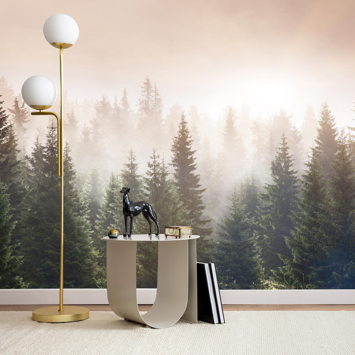 FOTOTAPETE für Wohnzimmer Nadelwald Bäume im Nebel Mystisch 450x315 - Orange/Braun, Papier (450/315cm) - Muralo