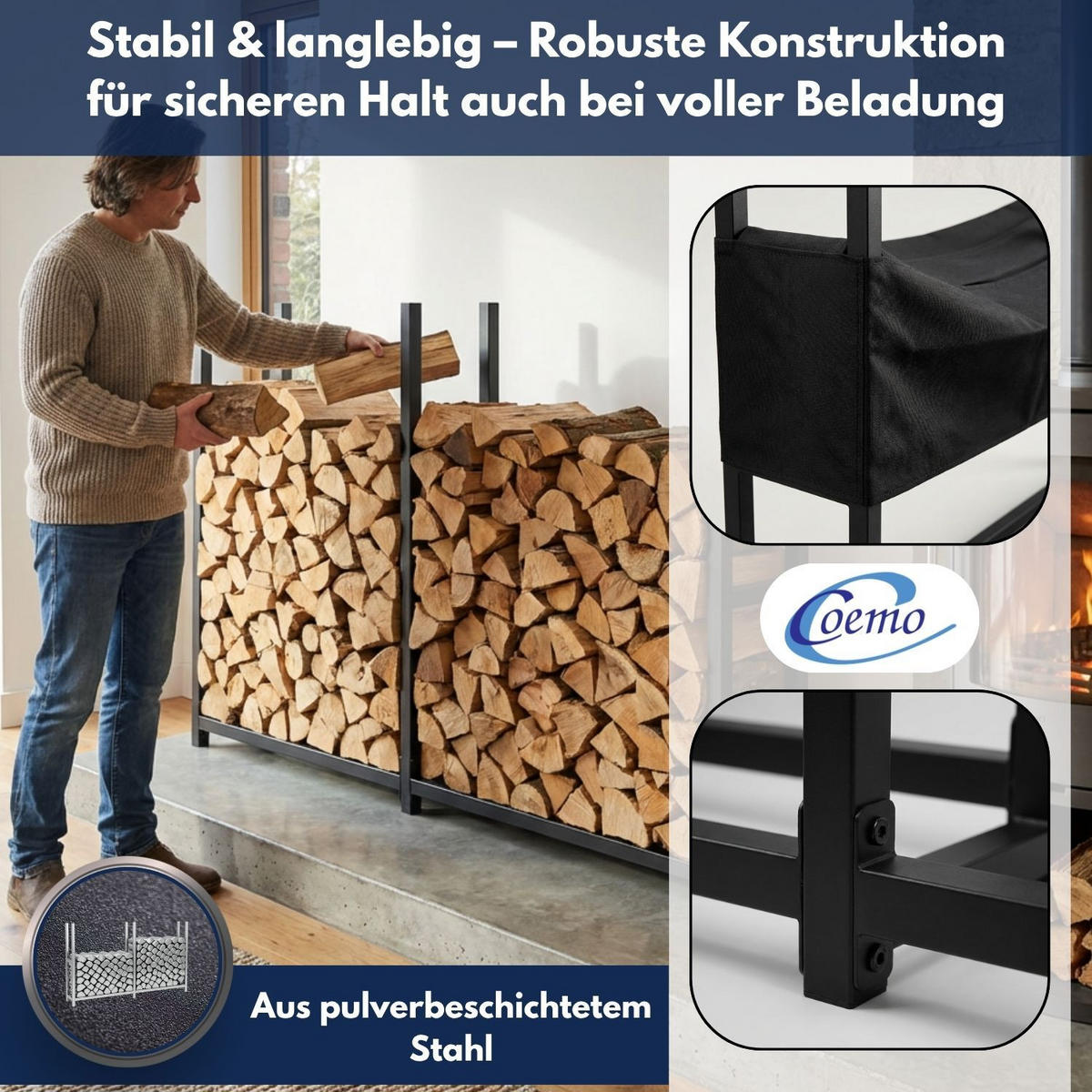 BRENNHOLZREGAL HANS Metall Schwarz 223/25/115 cm - Schwarz, Metall (25/115/223cm) - Coemo