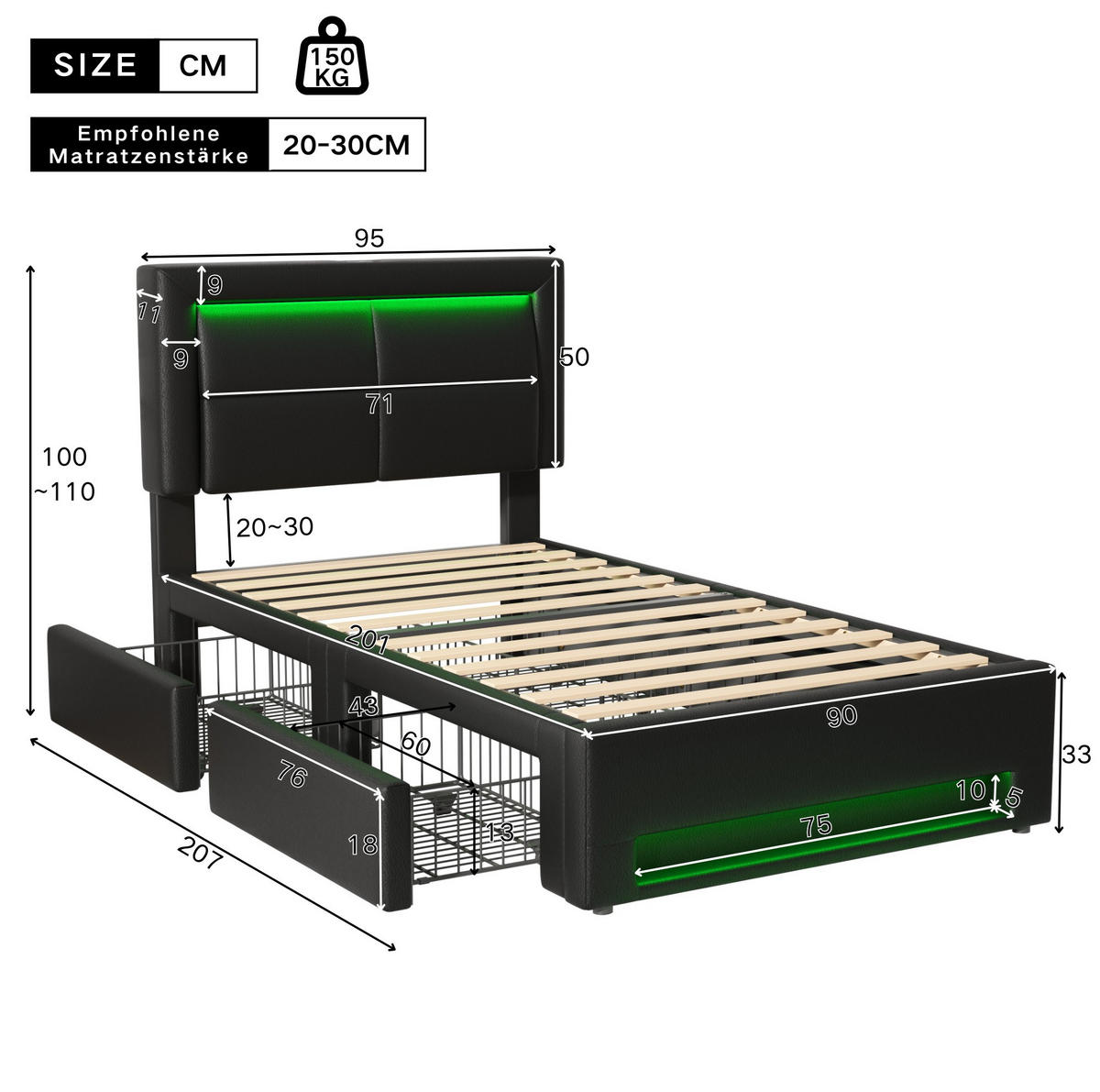 POLSTERBETT 90/200 cm mit USB-Anschluss, LED-Beleuchtung und 4 Schubladen in PU, Schwarz - Schwarz, Kunststoff (90/200cm) - Redom