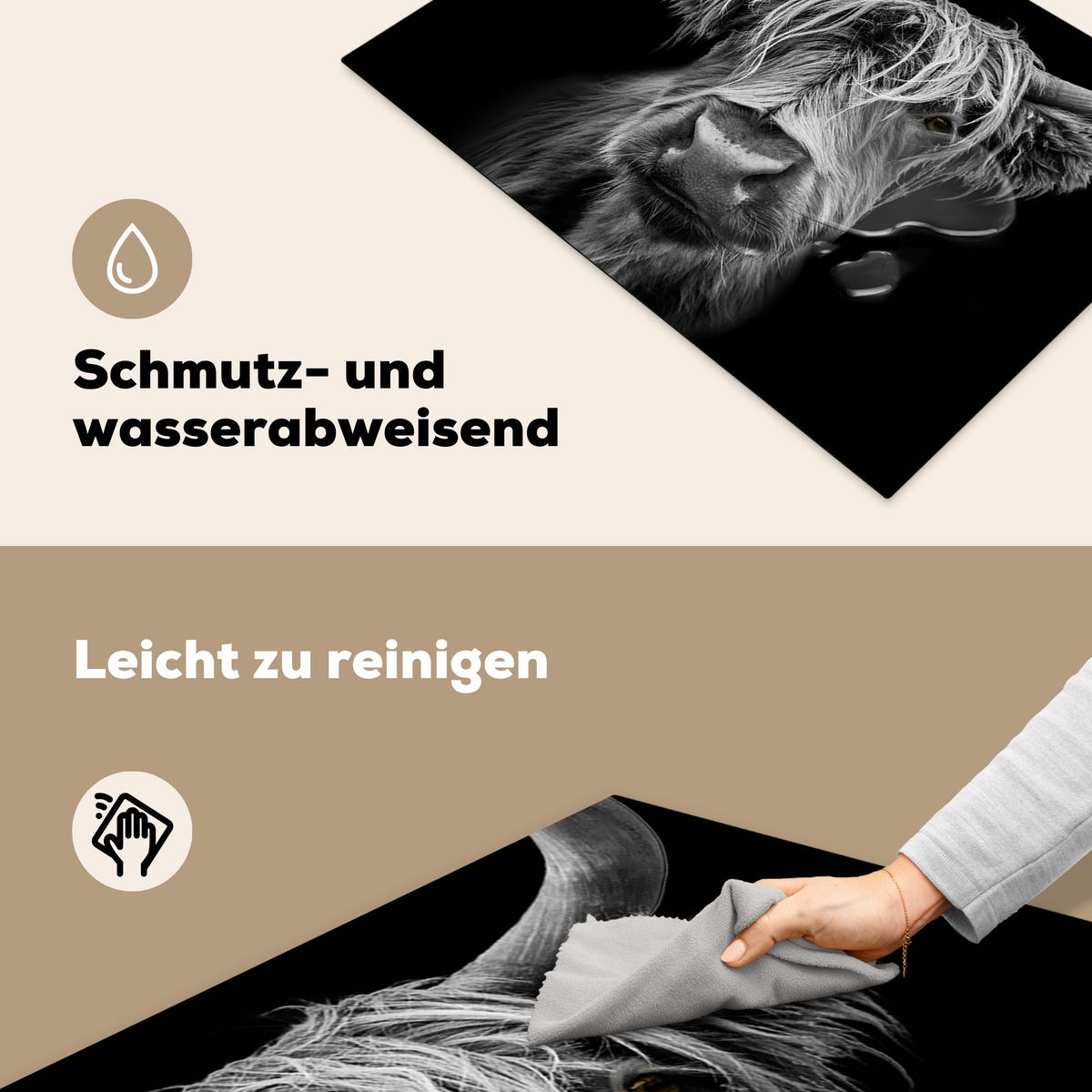HERDABDECKPLATTE Schottischer Highlander - Hörner - Schwarz - Weiß - Kuh - Wild - Tiere Herdabdeckung Induktionsfeld 75x52 cm - Schwarz, Kunststoff (75/52/0.2cm) - MuchoWow
