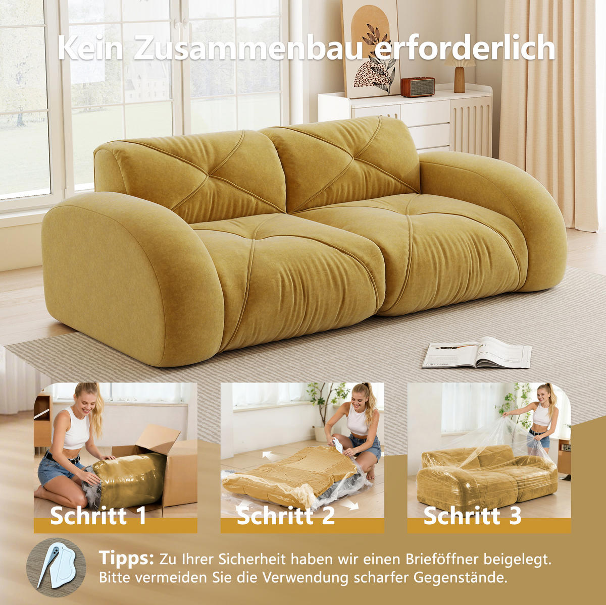 MODULSOFA 2-Sitzer ohne Montage mit 32D-Schaumstoff und chenillebezogener Oberfläche, Gelb - Gelb, Textil (204/76/95cm) - Redom