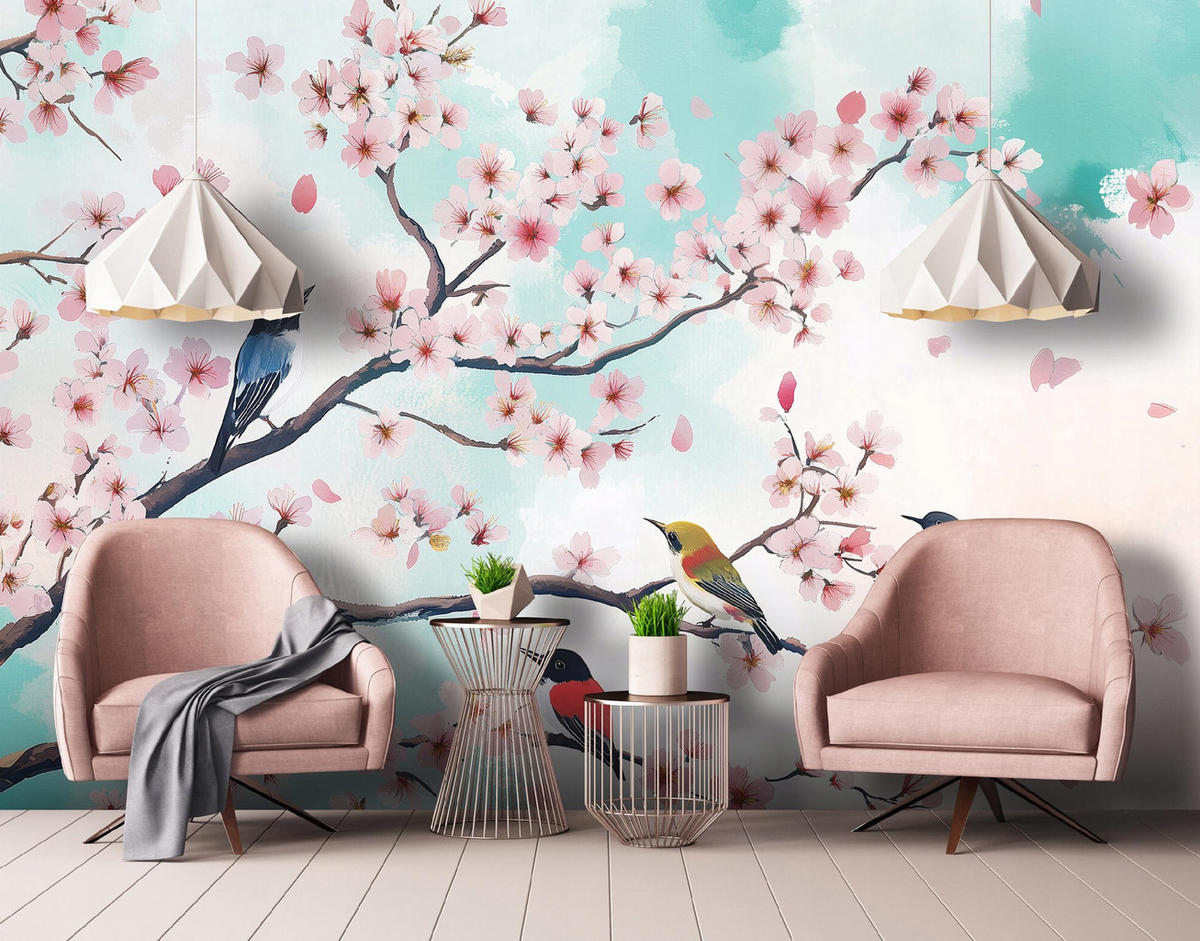 FOTOTAPETE Vögel Blumen Wohnzimmer Vlies Tapete 350x250 - Multicolor, Papier (350/250cm) - Wallarena