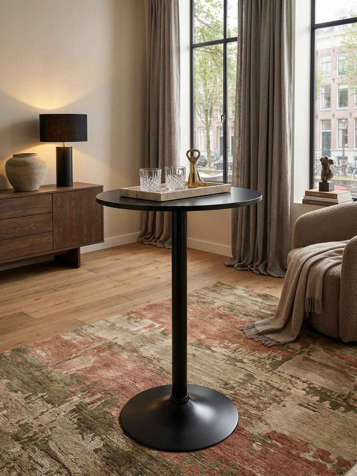 BARTISCH – Schwarz, Trompetenfuß, 30 kg Belastbarkeit - Schwarz, Holz/Metall (60/60/100cm) - KADIMA DESIGN