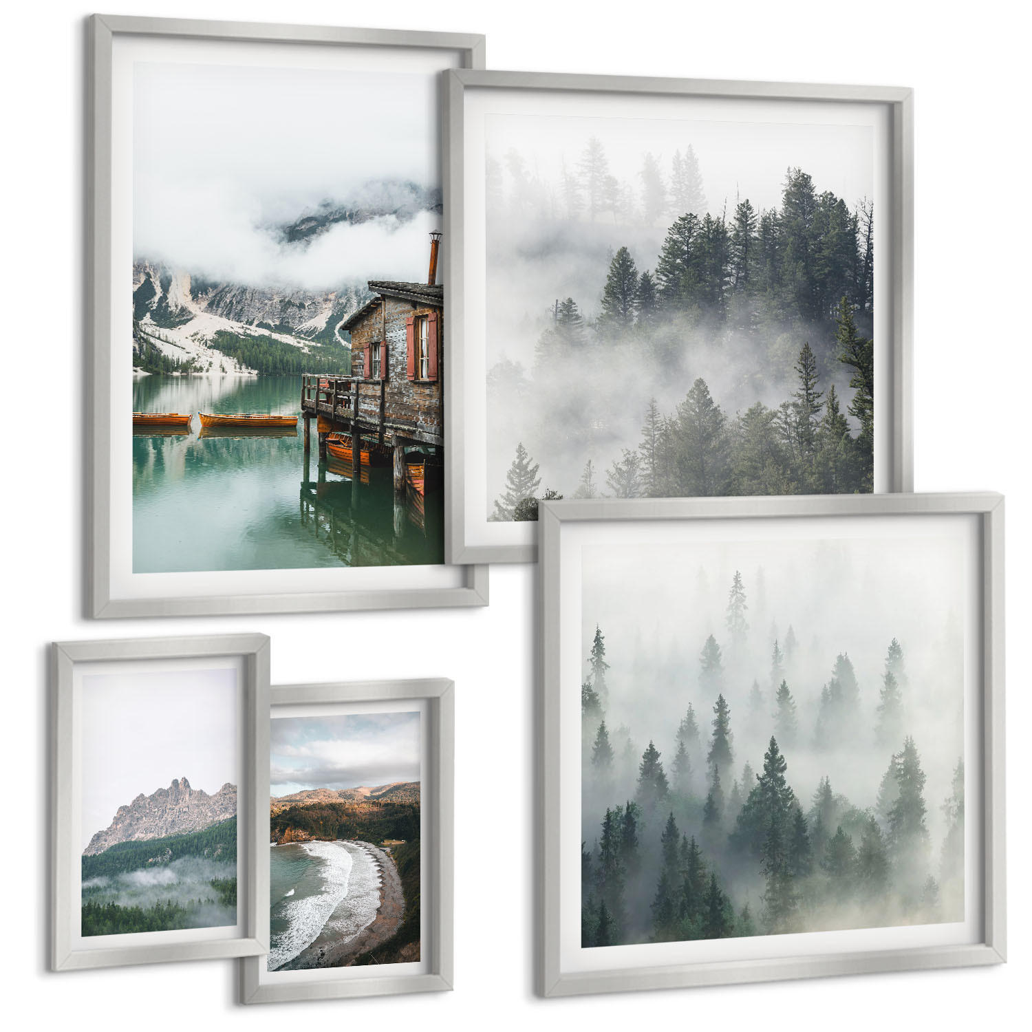 BILDER SET 5er Set - 50x50 cm & 20x30 cm & 40x60 cm Silberner Rahmen - Holzhausboot an Bergstränden - Silberfarben, Kunststoff (40/60cm) - TULUP