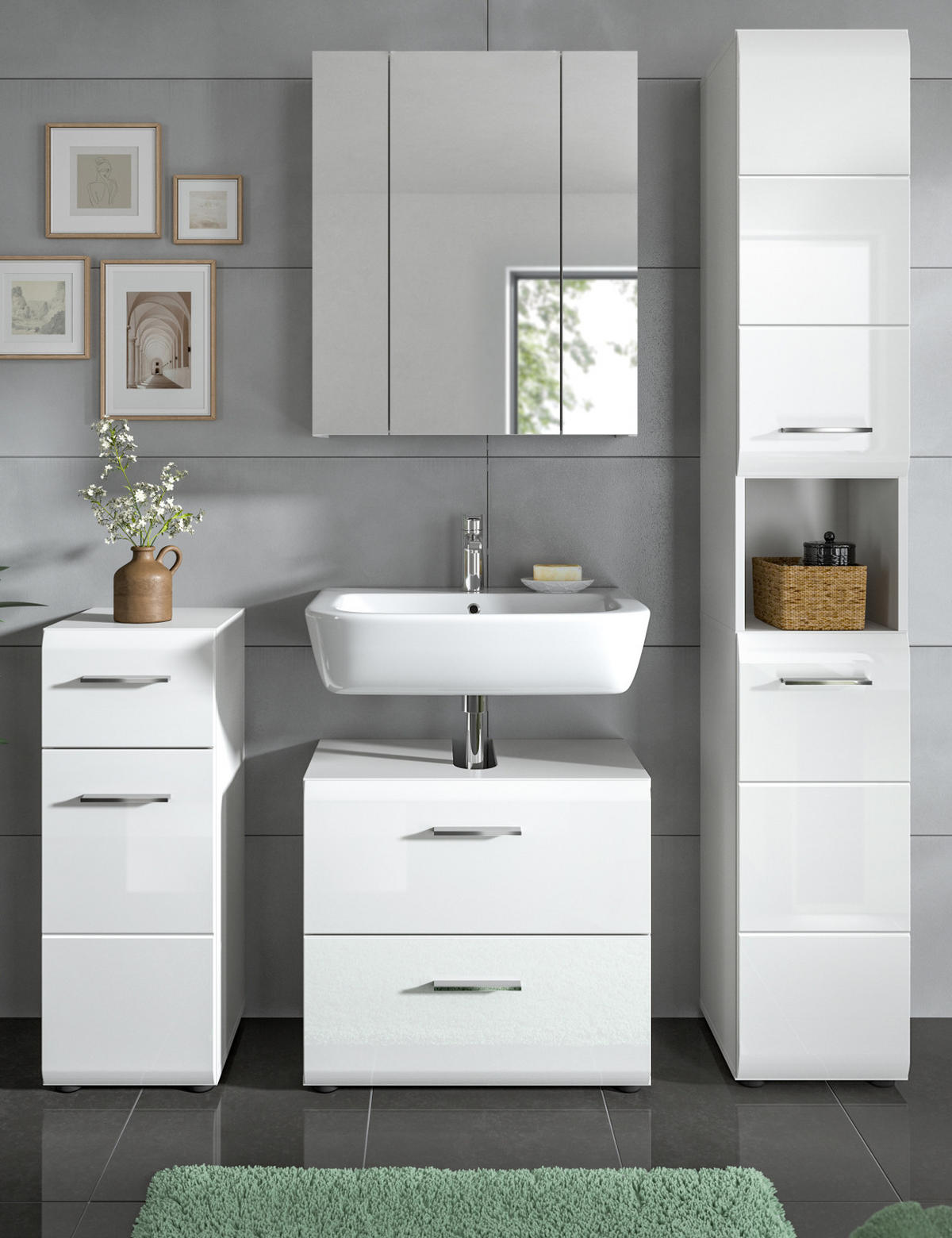 BADMÖBEL-SET 4-teilig in weiß Hochglanz Badkombination 150 x 185 cm Cover - Weiß Hochglanz/Silberfarben, Holzwerkstoff/Kunststoff (150/185/30cm) - Inn.Furn