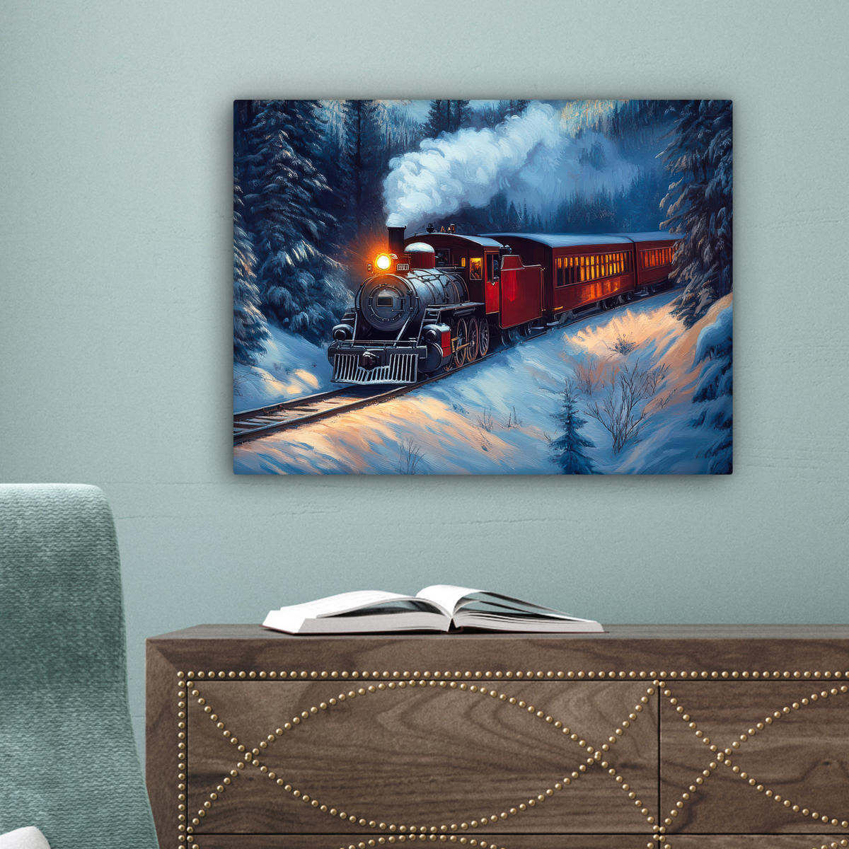 LEINWANDBILD Zug - Weihnachten - Schnee - Weihnachtszug 40x30 cm - Anthrazit, Textil (40/30cm) - MuchoWow